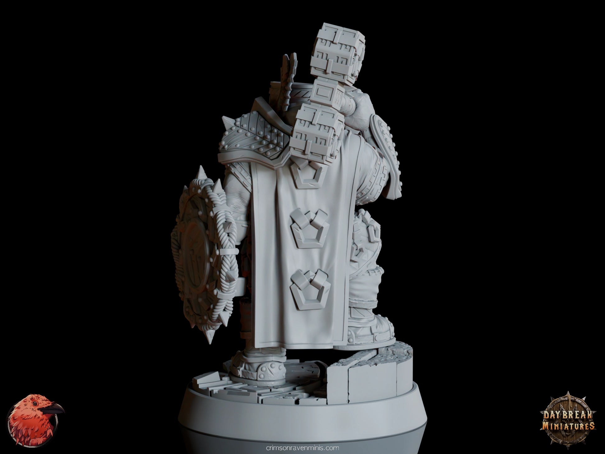 A 3D render of Imar Hakka, a dwarf in heavy armor holding a hammer and shield, standing on a 1-inch base.