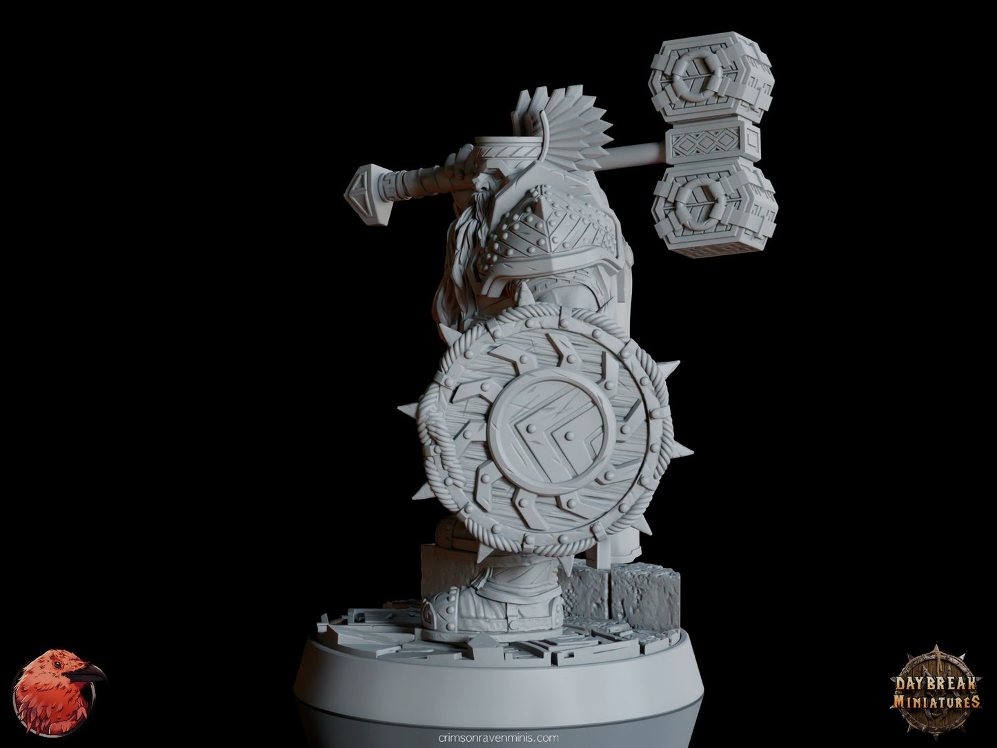 A 3D render of Imar Hakka, a dwarf in heavy armor holding a hammer and shield, standing on a 1-inch base.