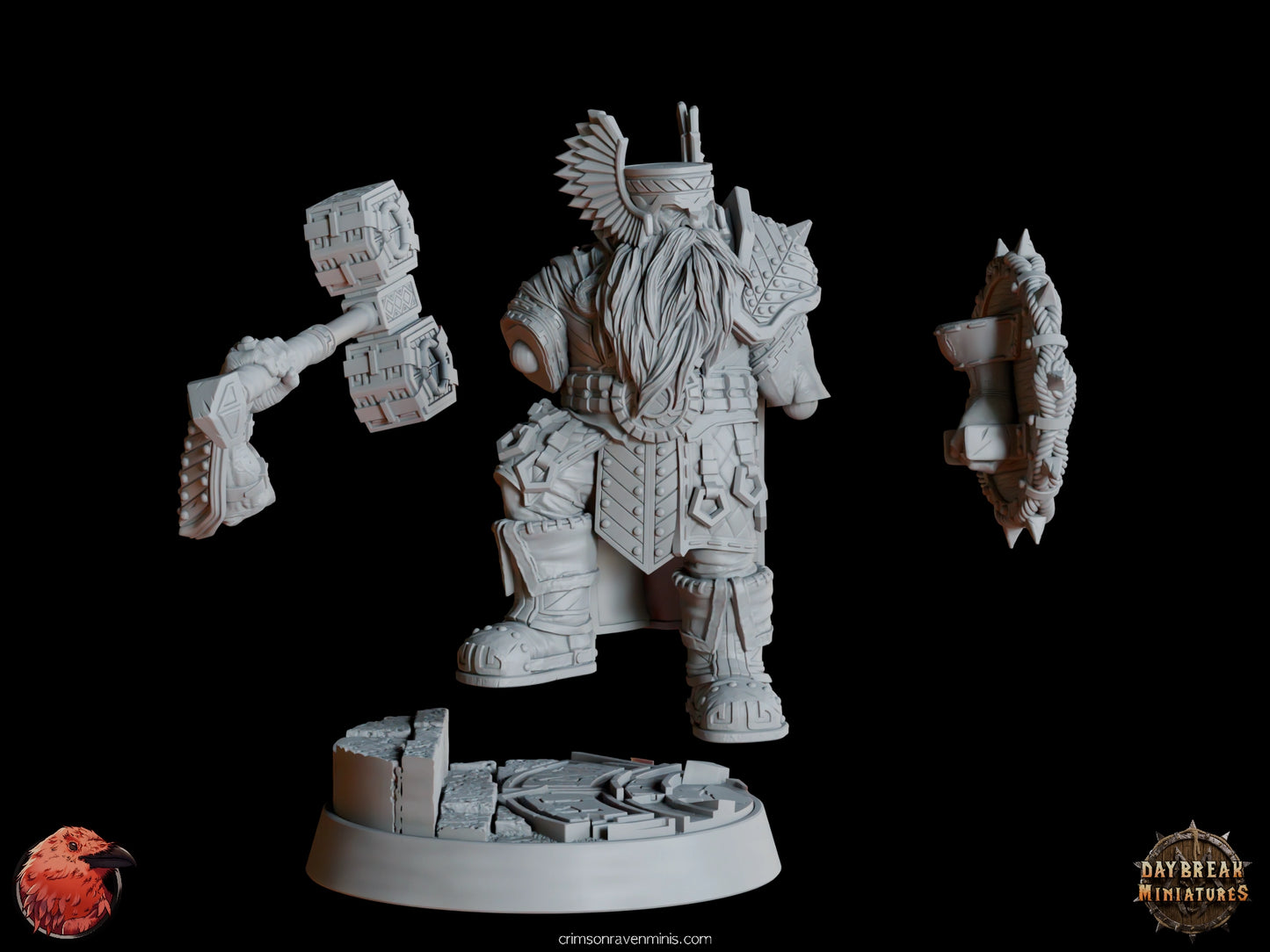 A 3D render of Imar Hakka, a dwarf in heavy armor holding a hammer and shield, standing on a 1-inch base. unassembled parts