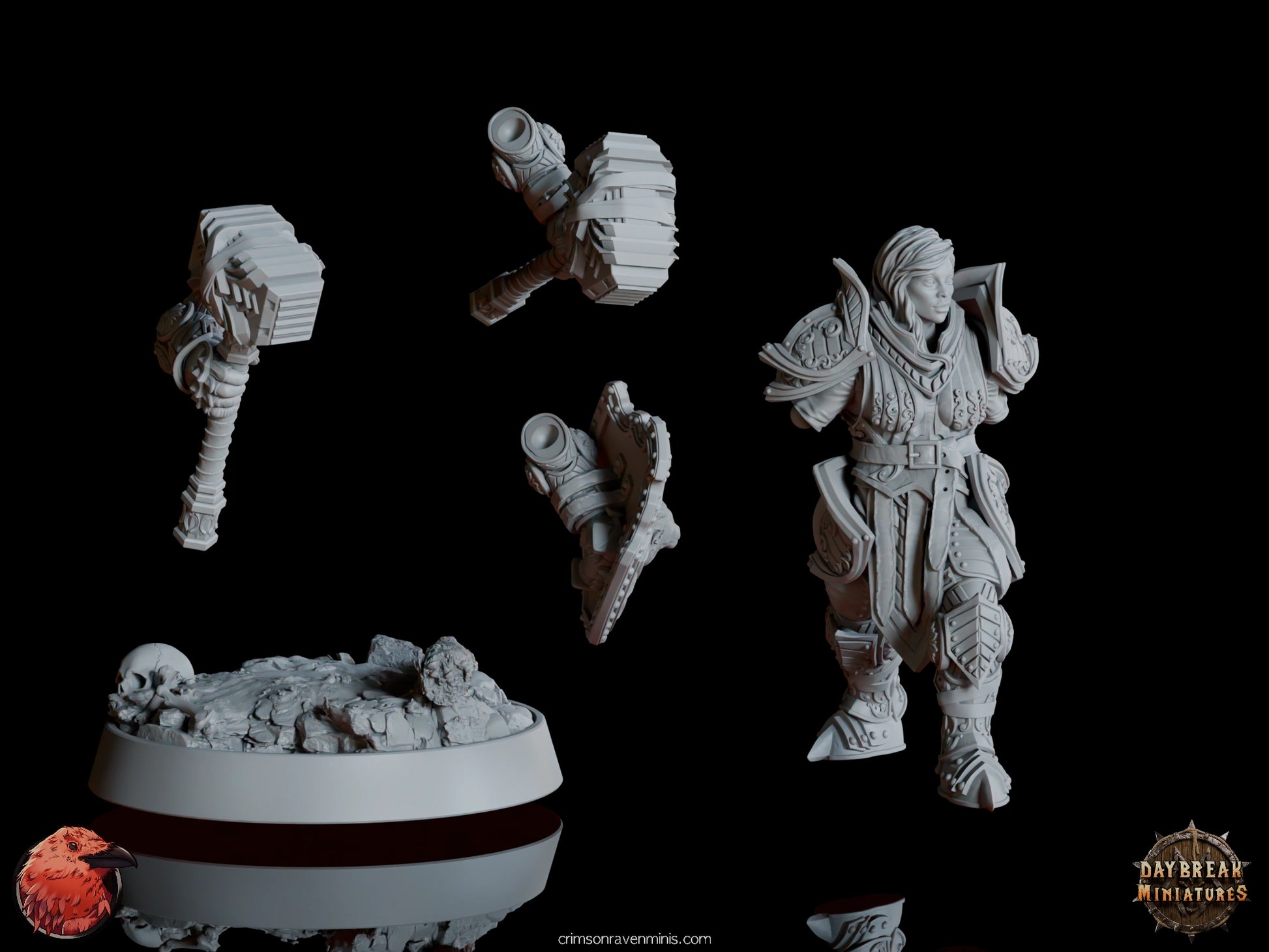 Isabelle du Lion d'Argent resin miniature in parts: war hammer, shield, and body