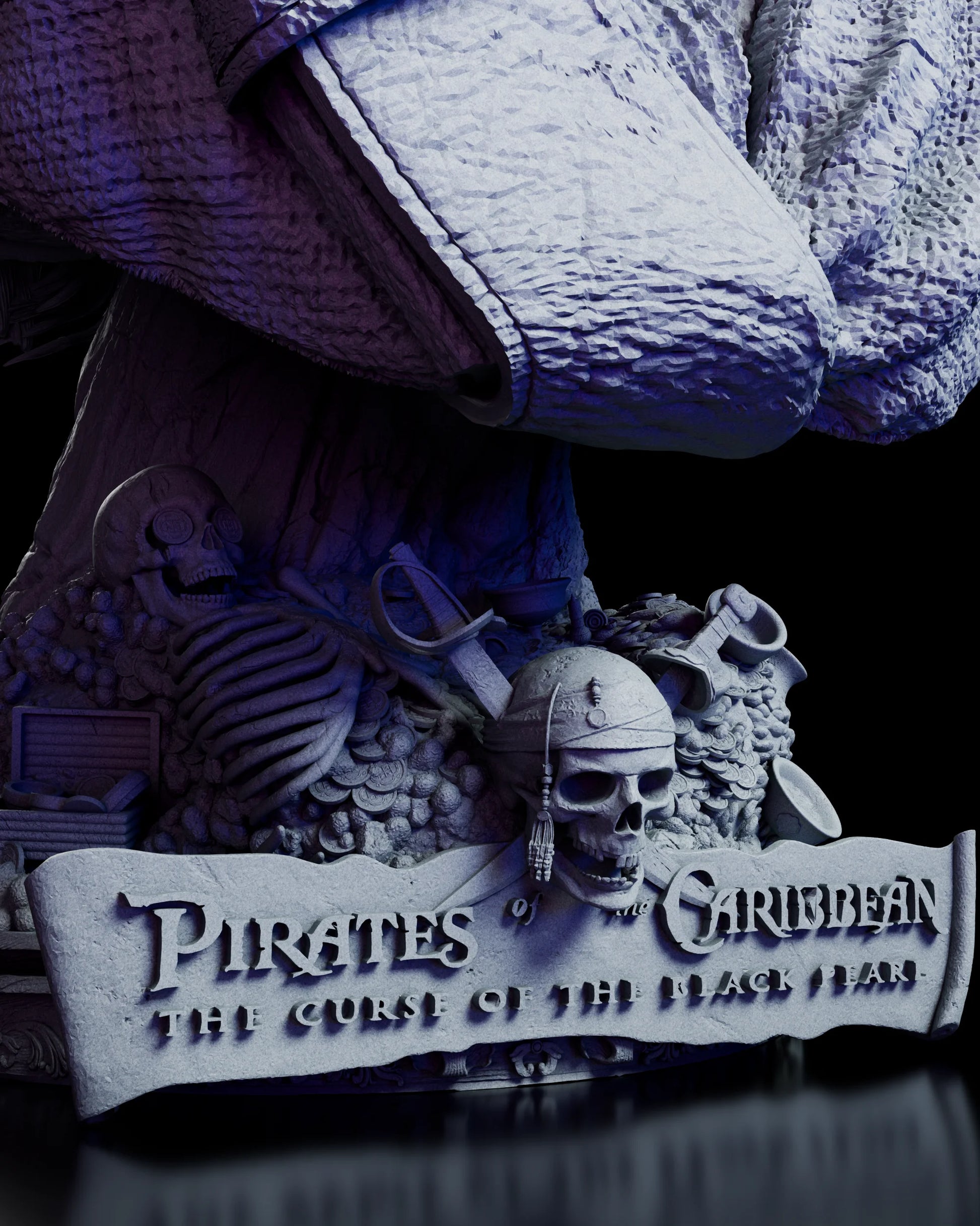 Close-up of the ornate base featuring treasure, skulls, and the Pirates of the Caribbean title plaque