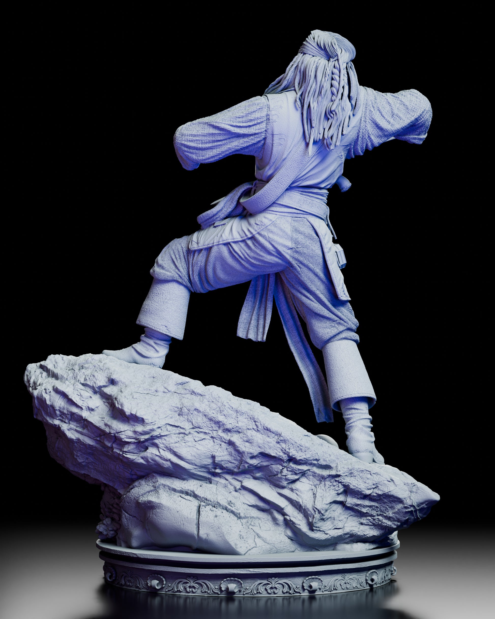 Rear view of the Jack Sparrow sculpture displaying detailed fabric folds, flowing hair, and the ornate base from behind