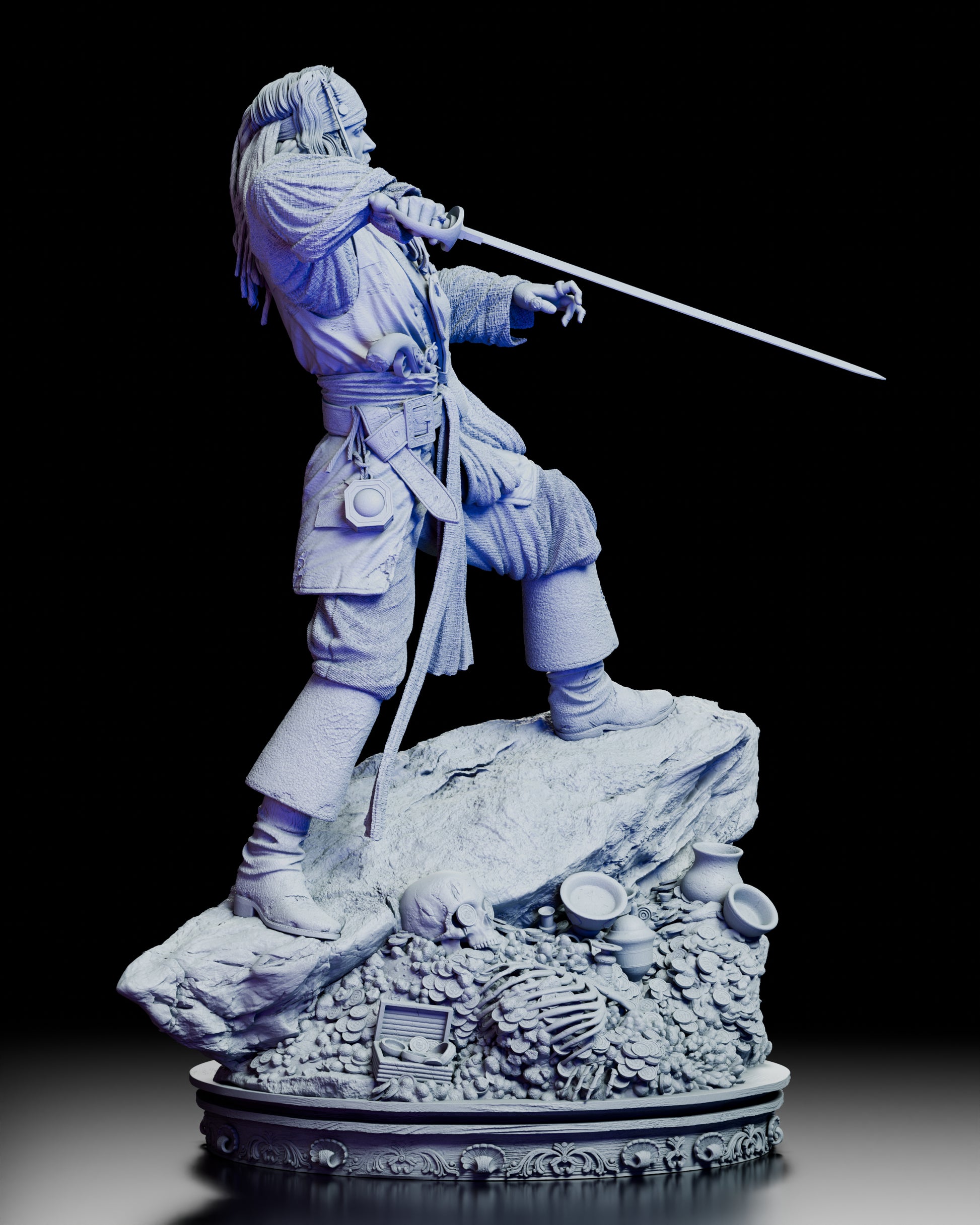 Right side view of the Jack Sparrow figure showing detailed weaponry, accessories, and sculpted base textures