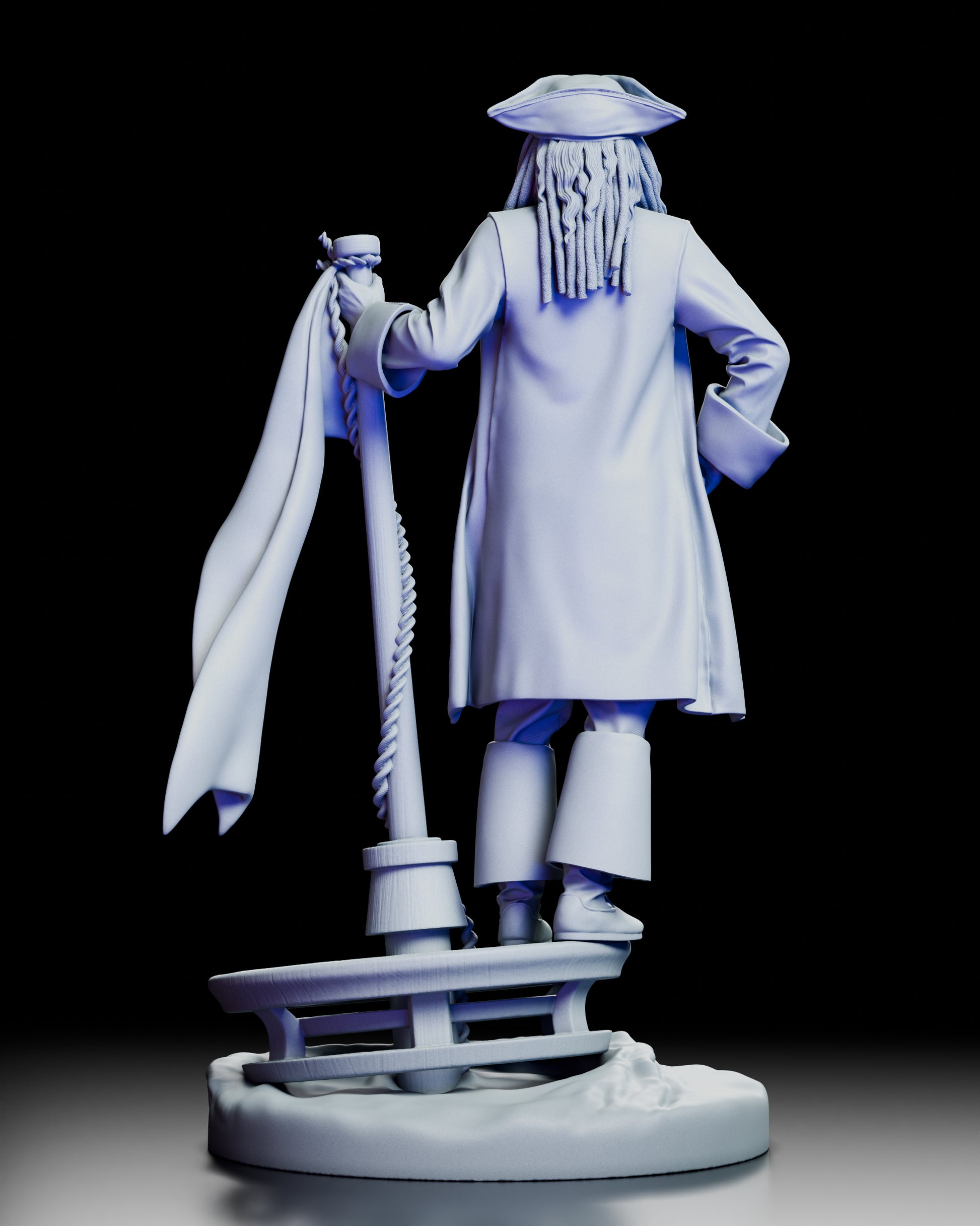 Right side view of the Captain Jack Sparrow figure model kit highlighting the detailed flag and pirate hat.