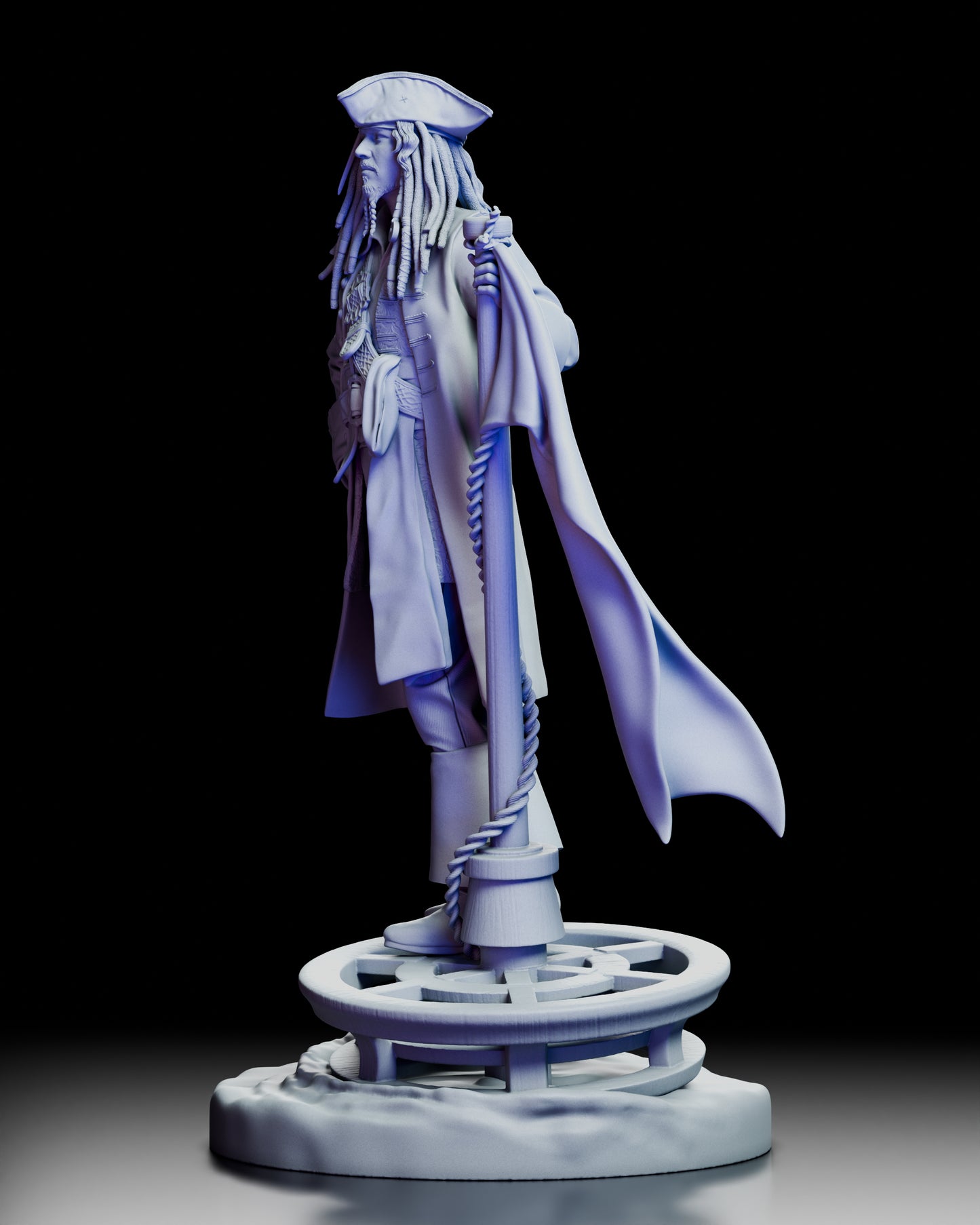 Left side view of the Captain Jack Sparrow figure model kit showcasing his stance and flowing coat.