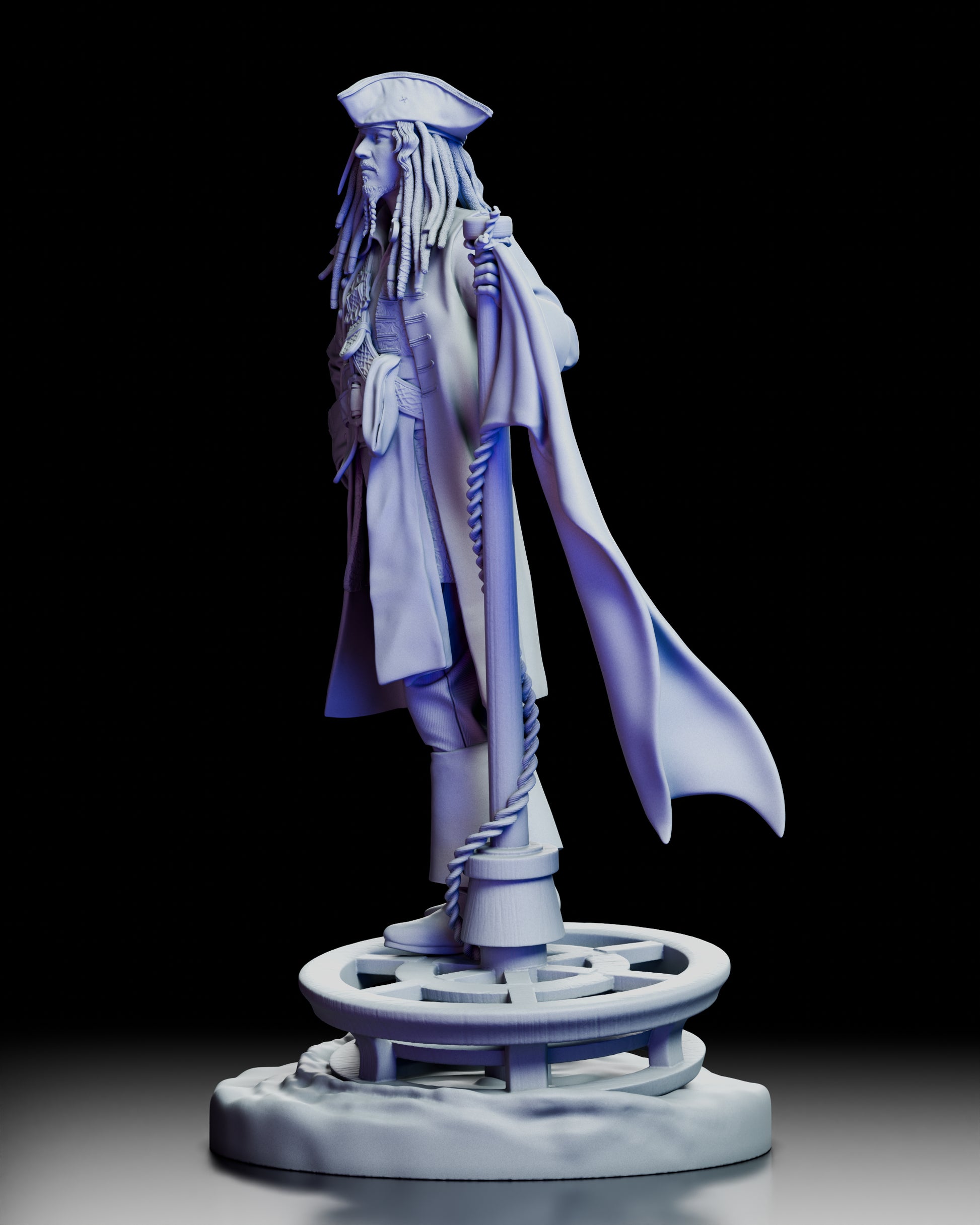 Left side view of the Captain Jack Sparrow figure model kit showcasing his stance and flowing coat.