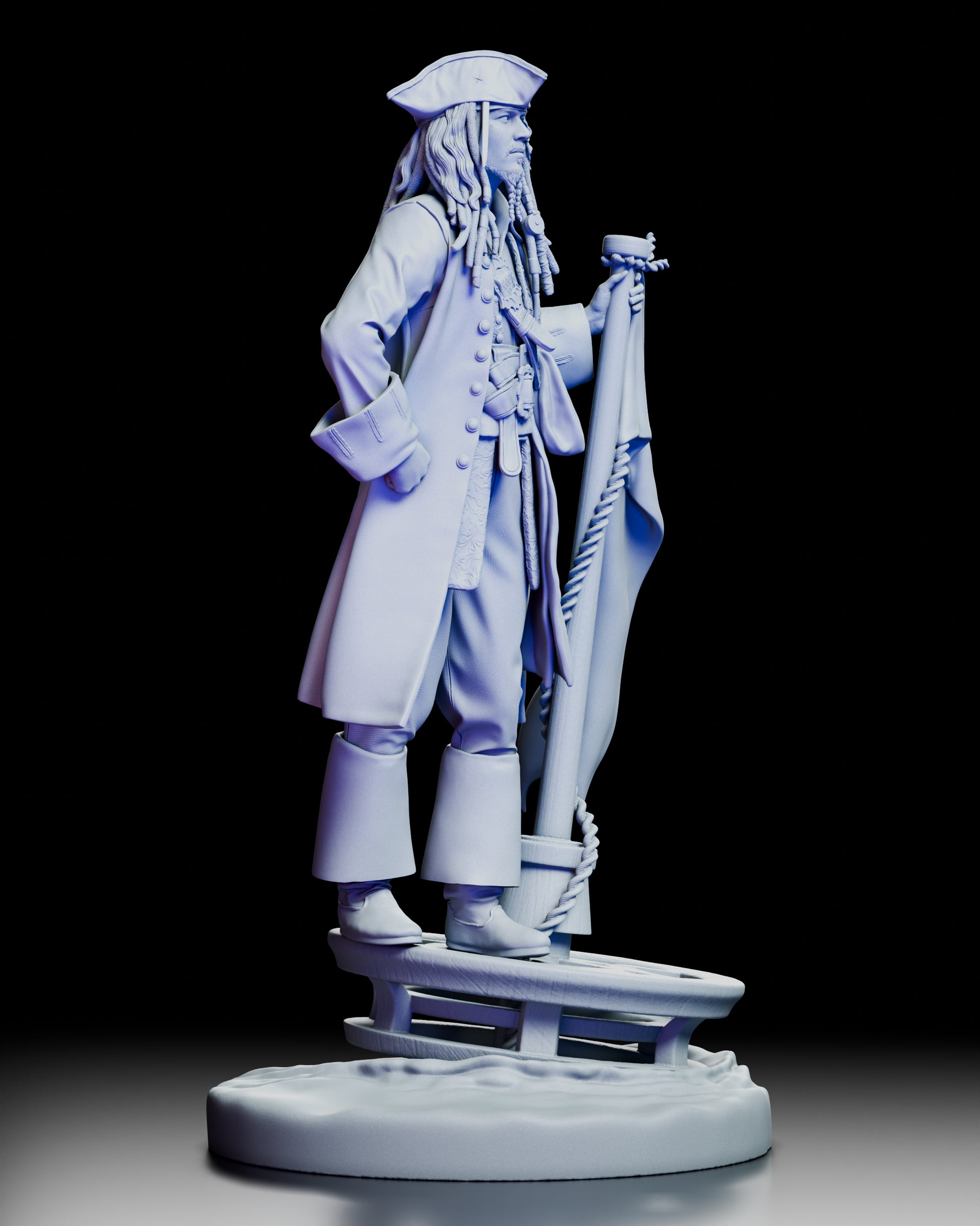 Right side view of the Captain Jack Sparrow figure model kit highlighting the detailed flag and pirate hat.