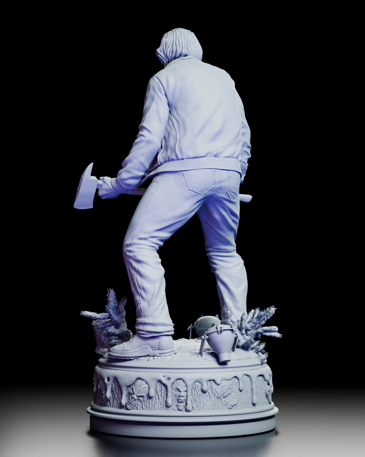 Rear view of the Jack Torrance figure kit from The Shining, revealing jacket details and textured base with frozen ground and scattered tools