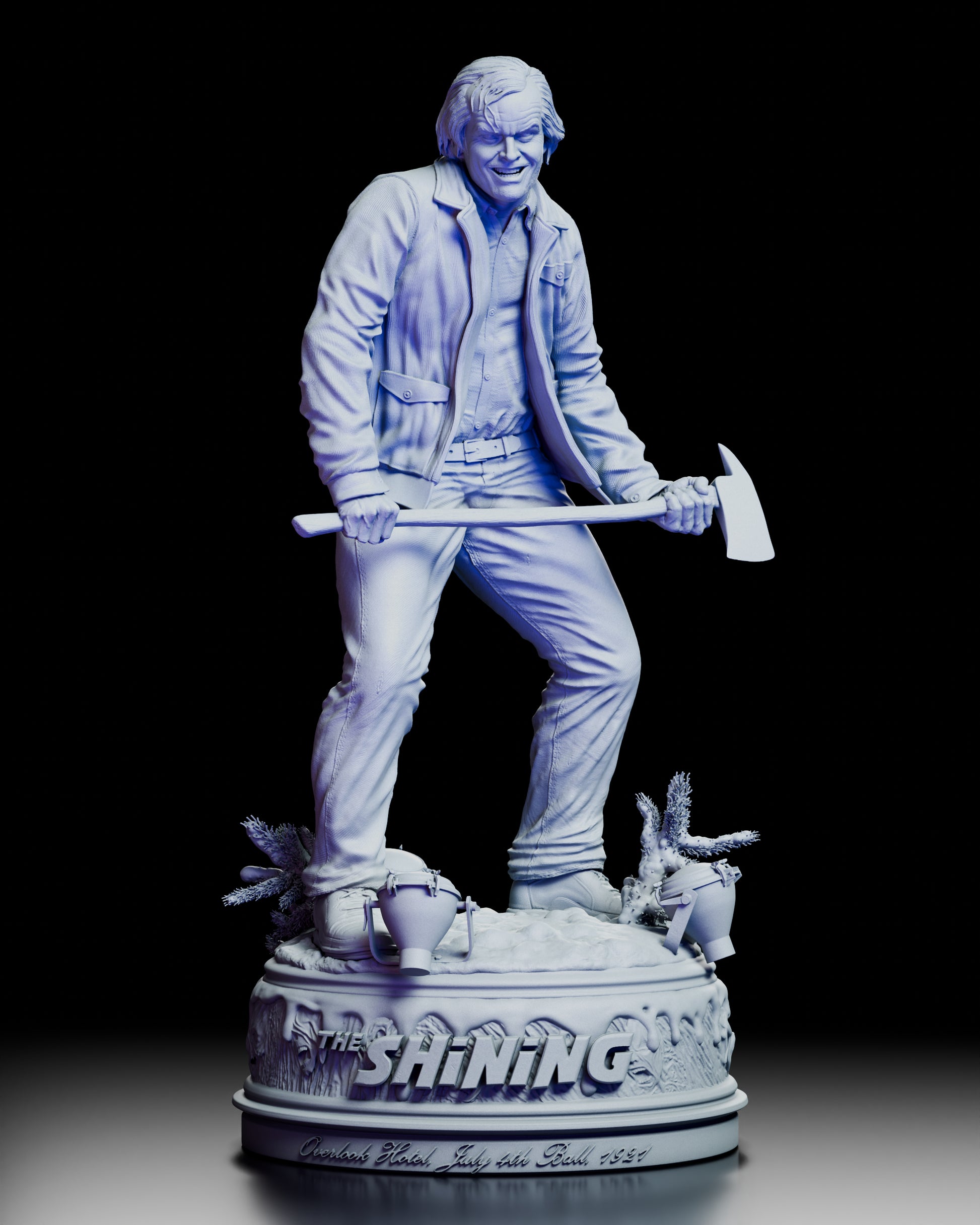 Front view of the Jack Torrance figure kit from The Shining, showing his crazed grin and raised axe on a snowy Overlook Hotel base