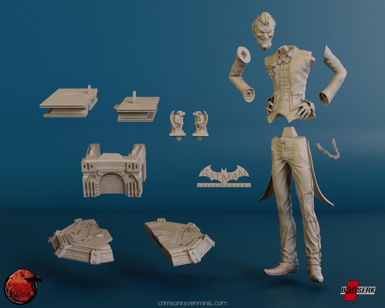 Disassembled parts of the Joker Arkham Asylum figure kit, including the base, figure parts, and accessories, showcasing the components needed for assembly.