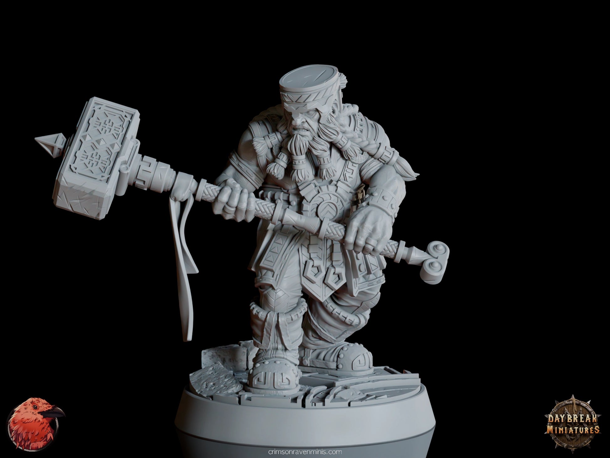 A 3D render of Kigan Krust, a dwarf holding a large hammer with intricate carvings, standing on a 1-inch base.