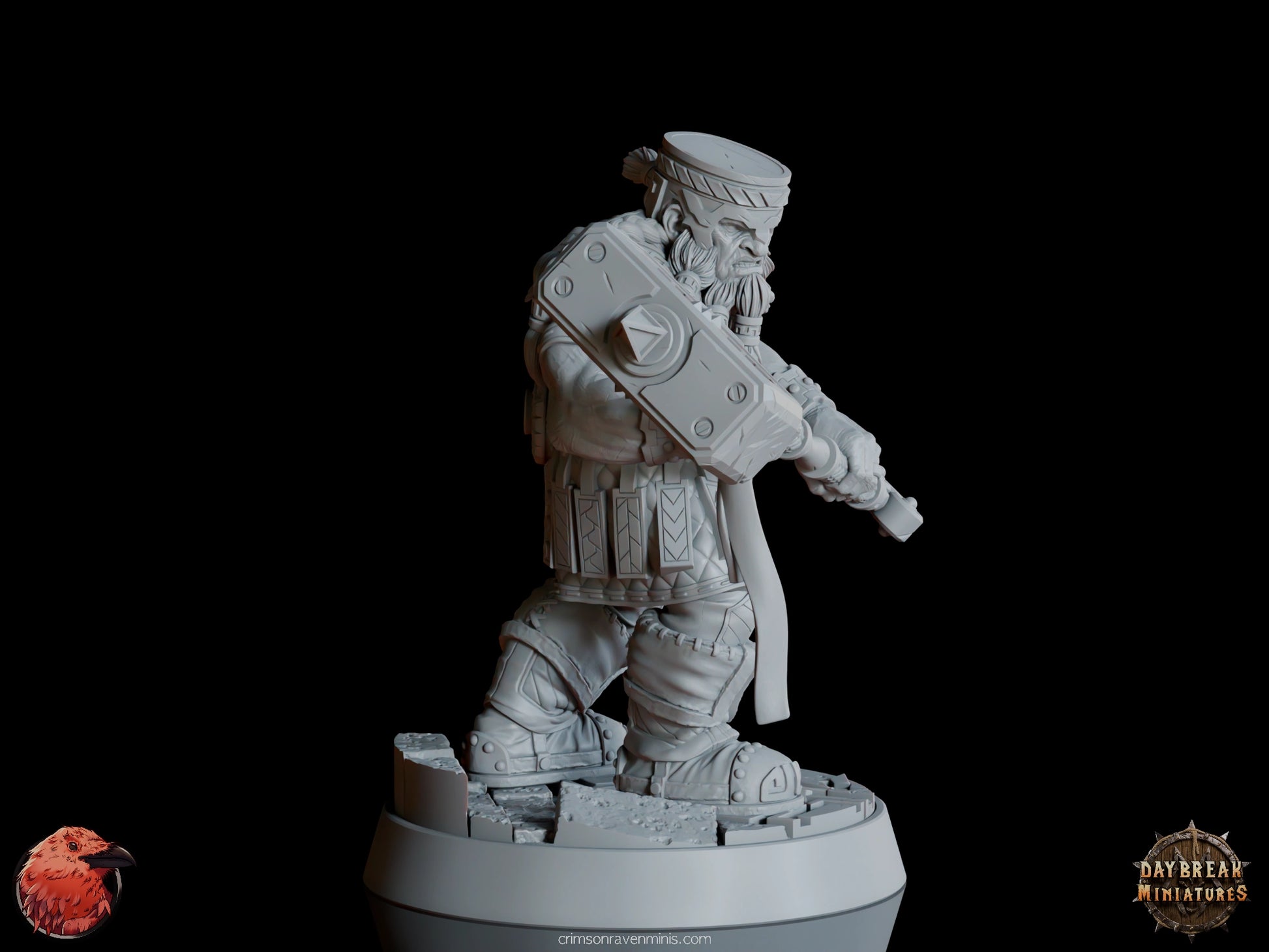 A 3D render of Kigan Krust, a dwarf holding a large hammer with intricate carvings, standing on a 1-inch base.