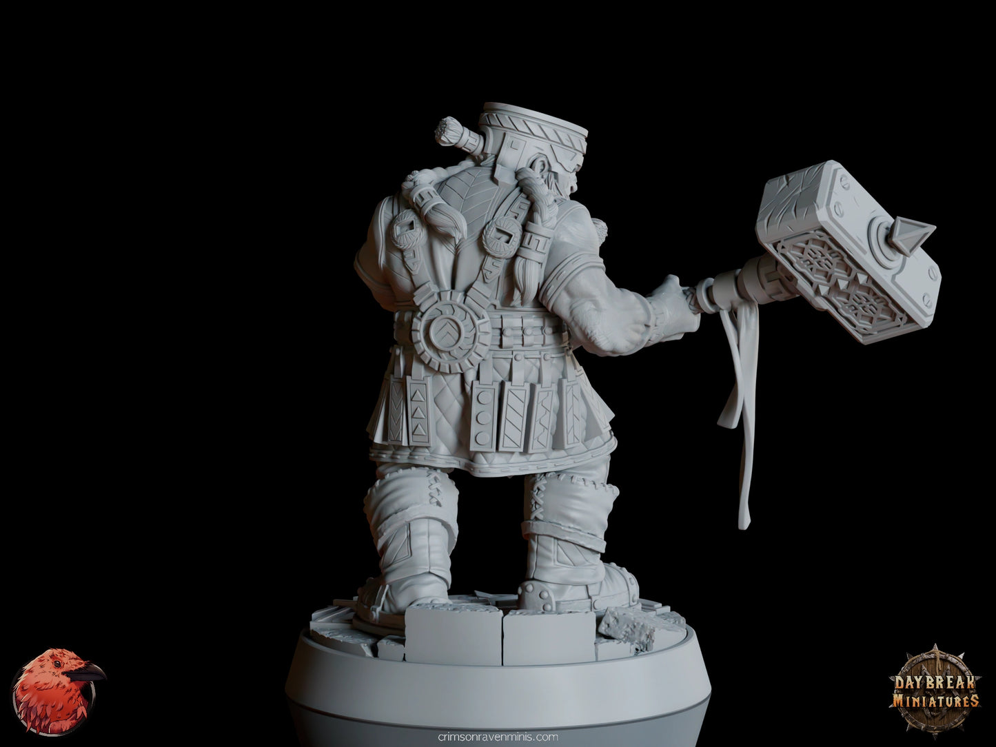 A 3D render of Kigan Krust, a dwarf holding a large hammer with intricate carvings, standing on a 1-inch base.