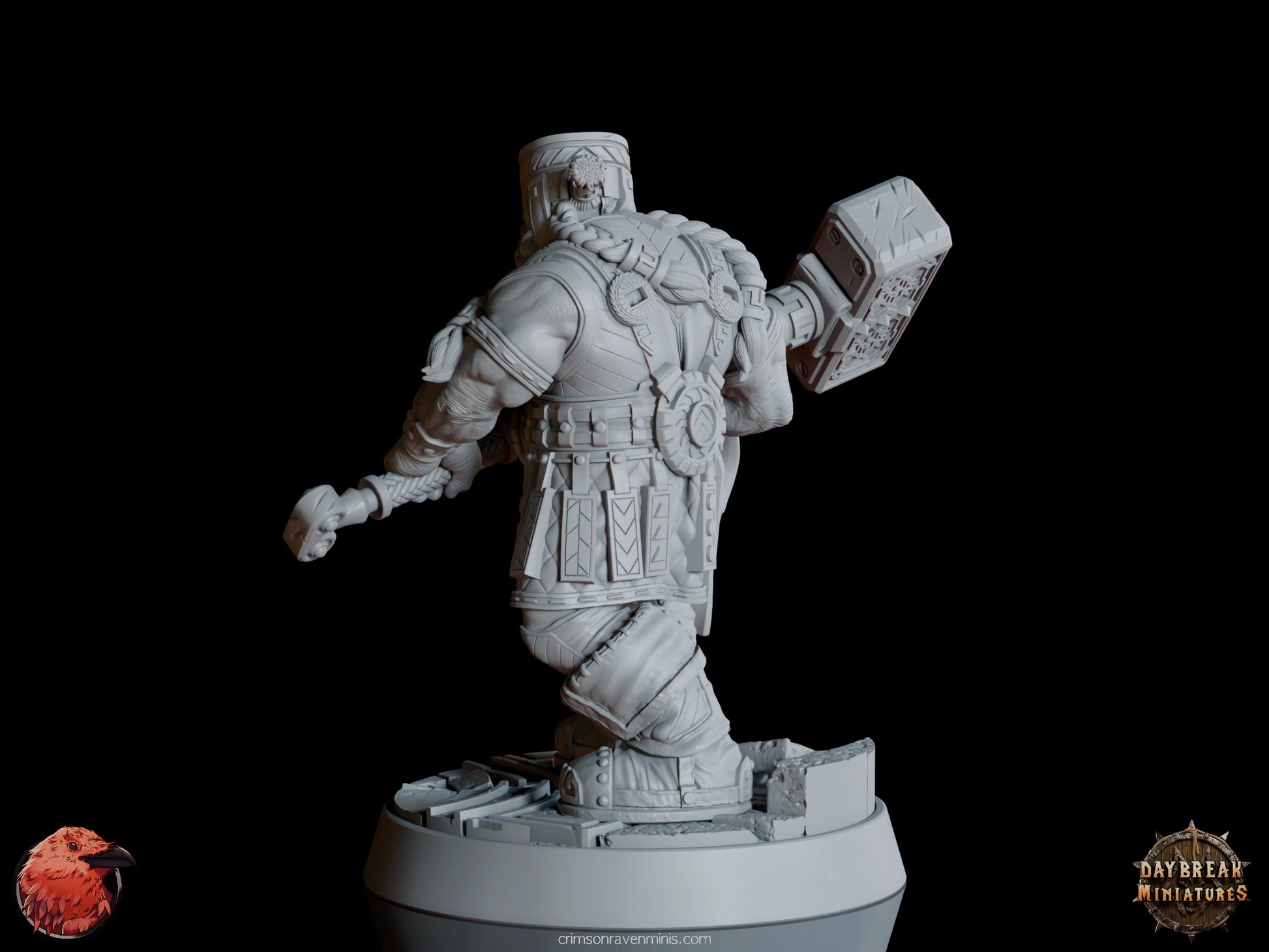 A 3D render of Kigan Krust, a dwarf holding a large hammer with intricate carvings, standing on a 1-inch base.