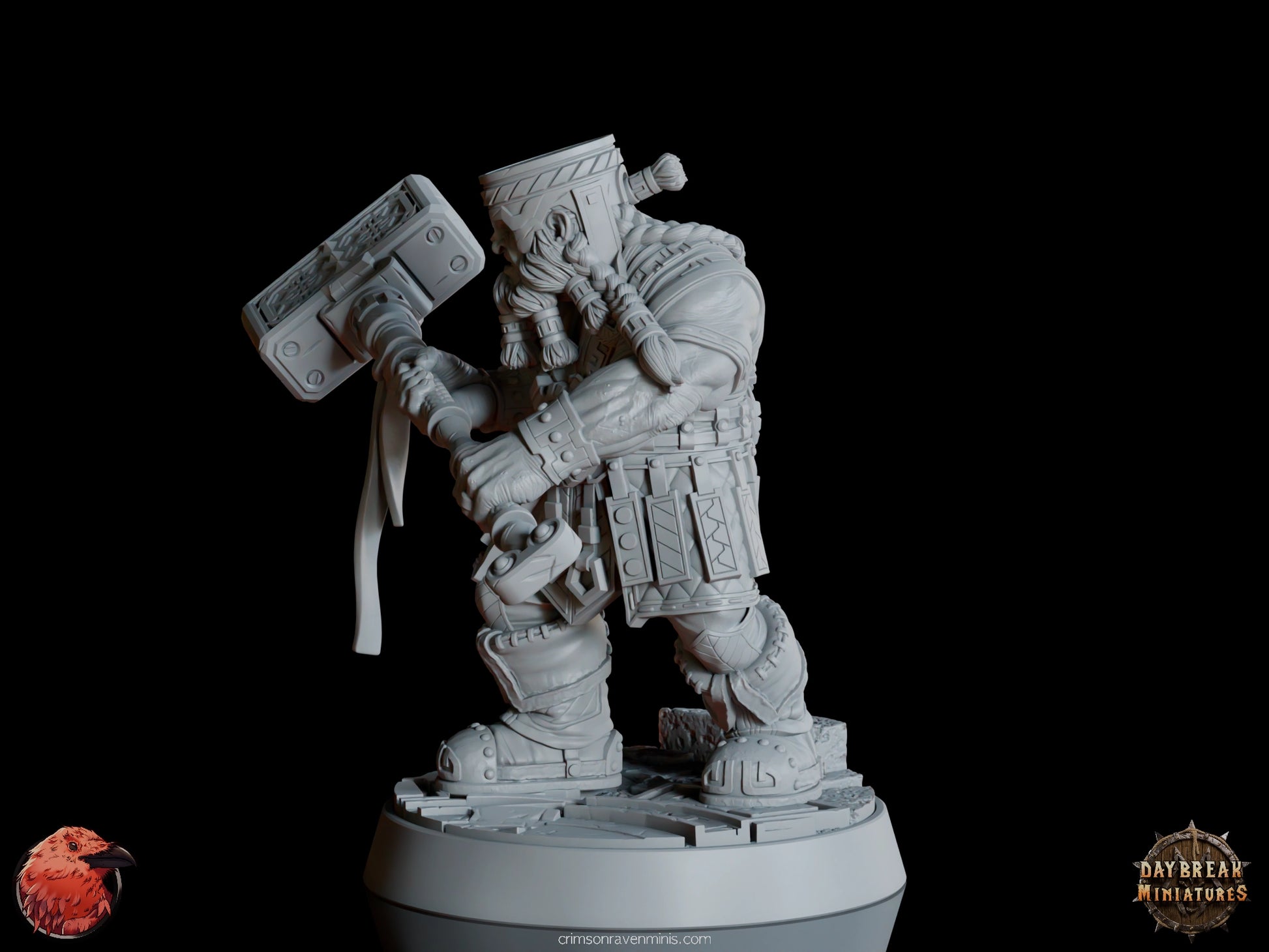 A 3D render of Kigan Krust, a dwarf holding a large hammer with intricate carvings, standing on a 1-inch base.