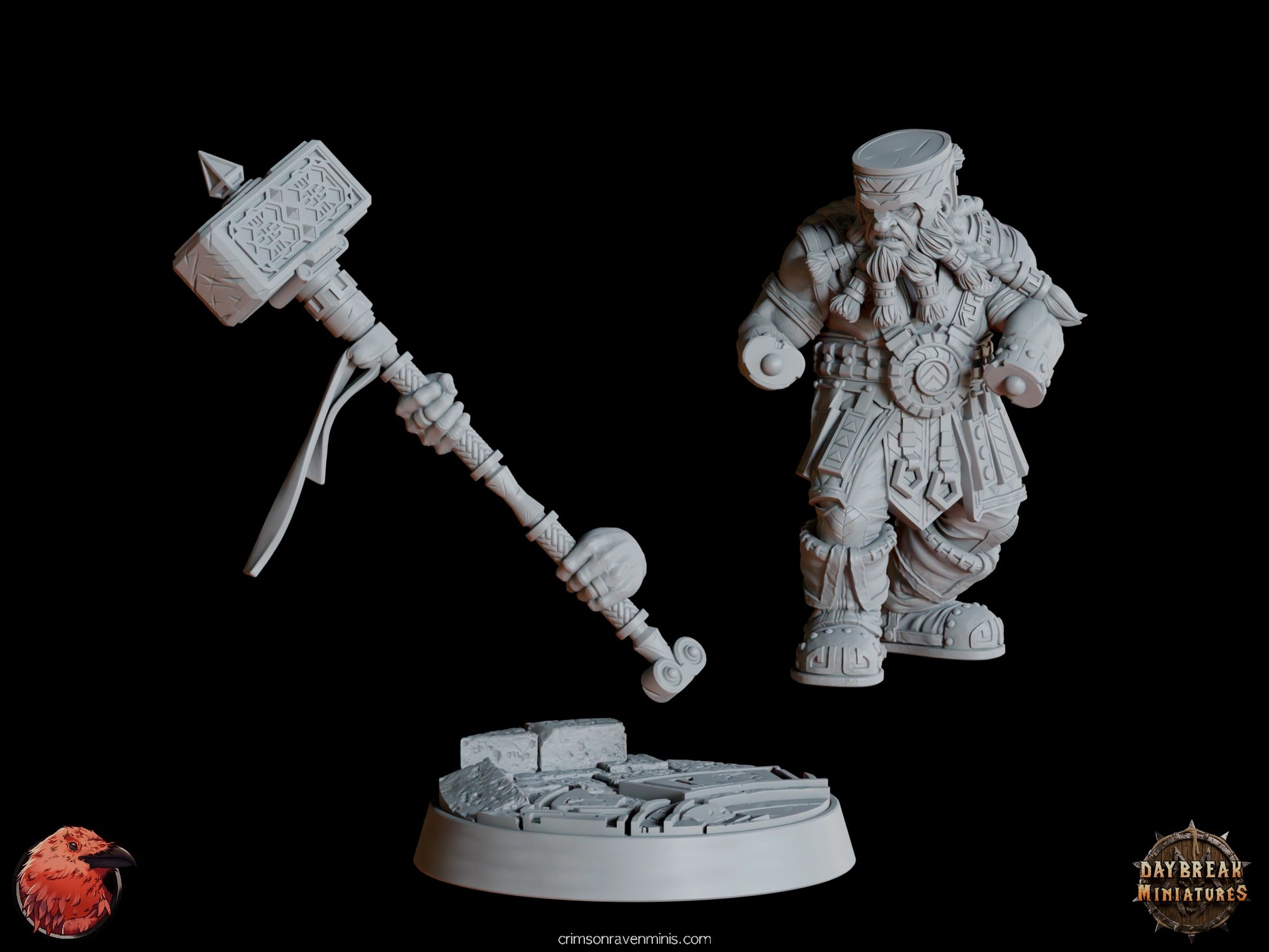 A 3D render of Kigan Krust, a dwarf holding a large hammer with intricate carvings, standing on a 1-inch base. Unassembled parts