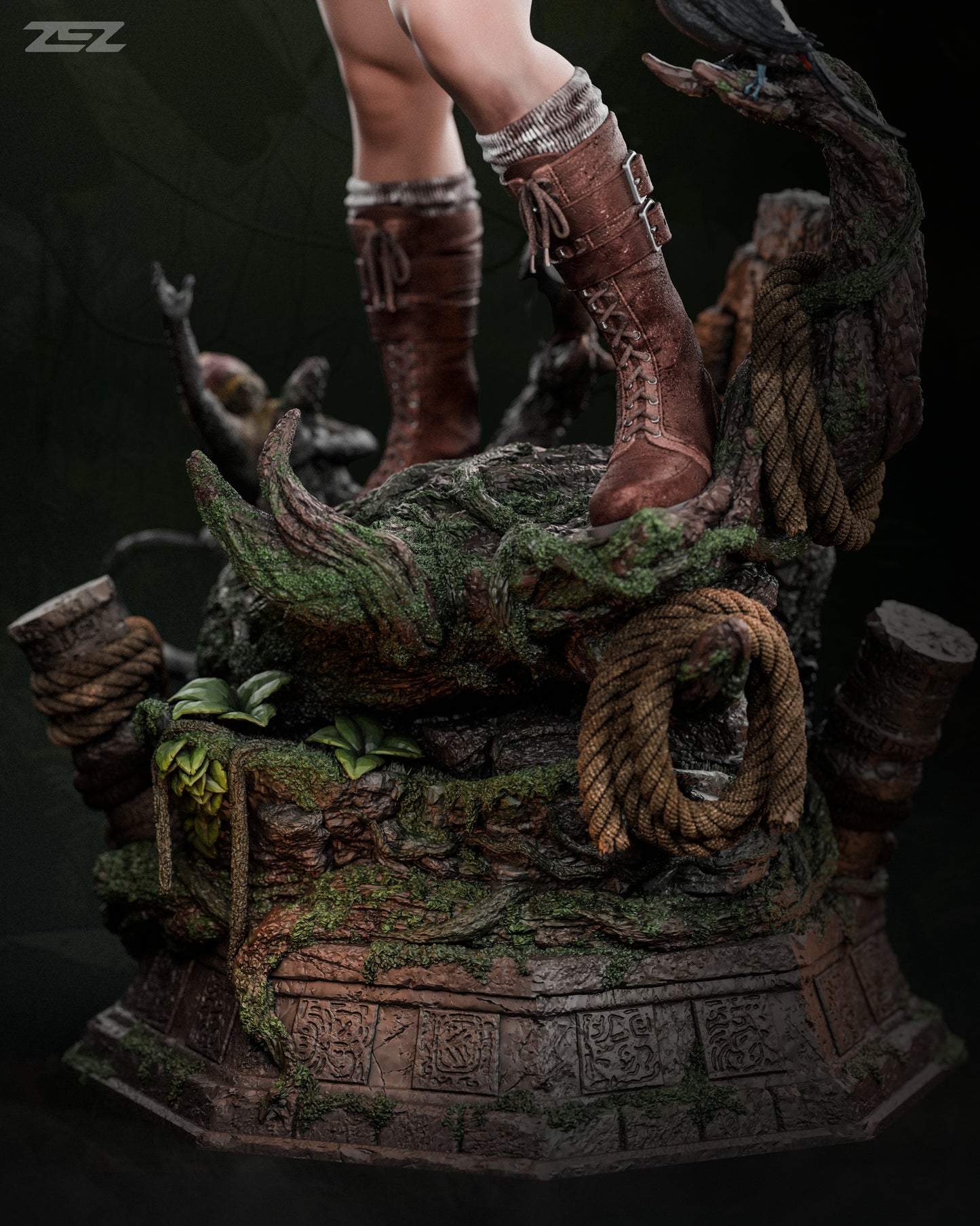 Lower view of Lara Croft’s jungle-themed base, with detailed vines, ropes, and stone carvings around her boots.