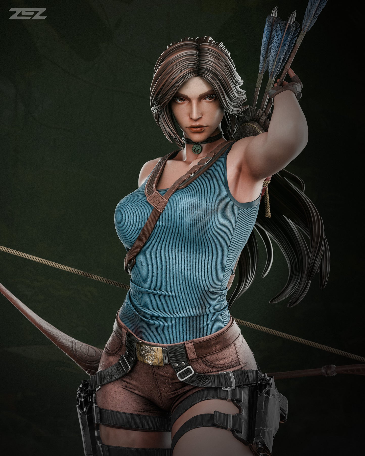 Close-up of Lara Croft aiming her bow with a determined expression, showing detailed textures on her outfit and accessories.