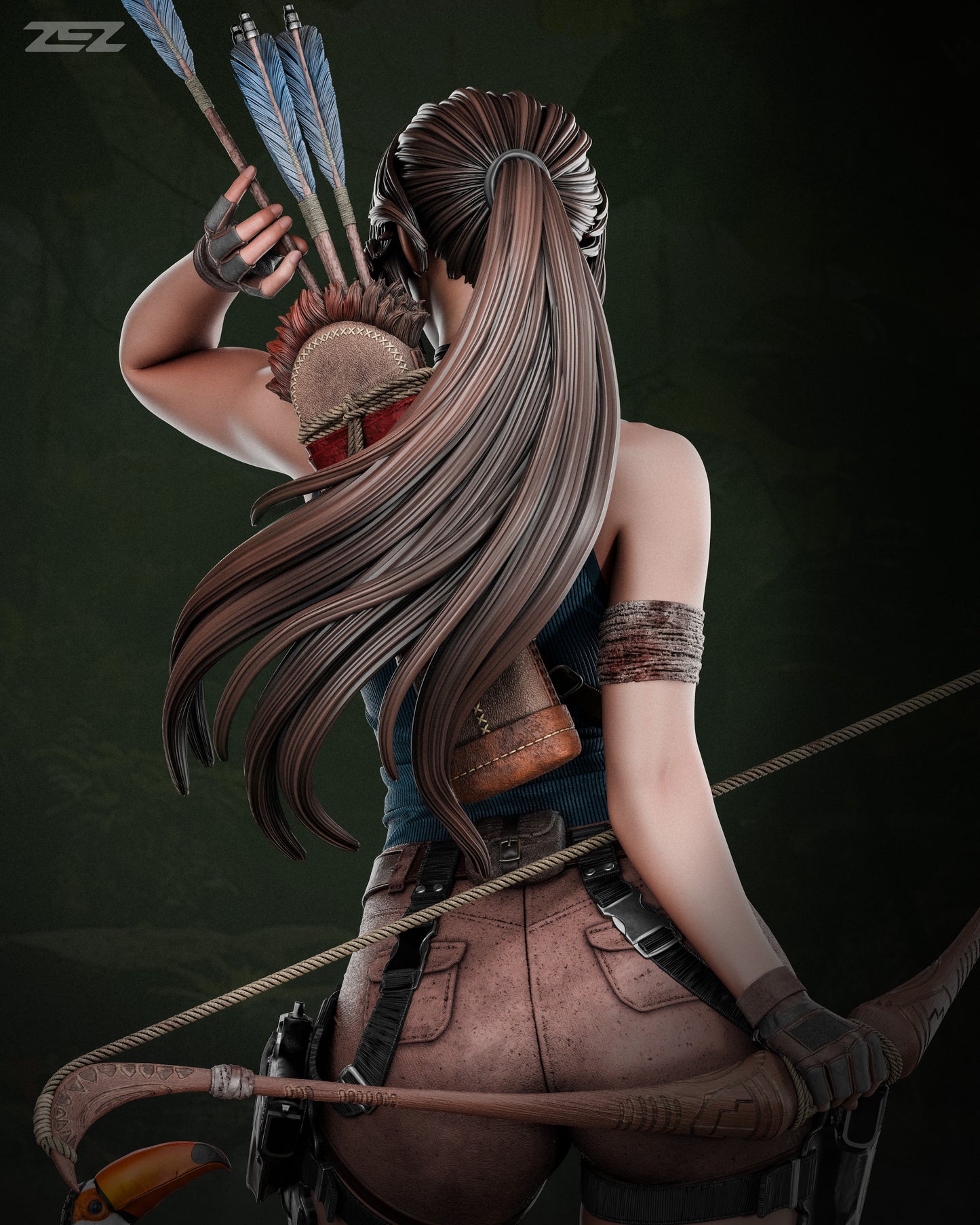 Back view of Lara Croft with her quiver and bow, highlighting the intricate design of her equipment and long hair.