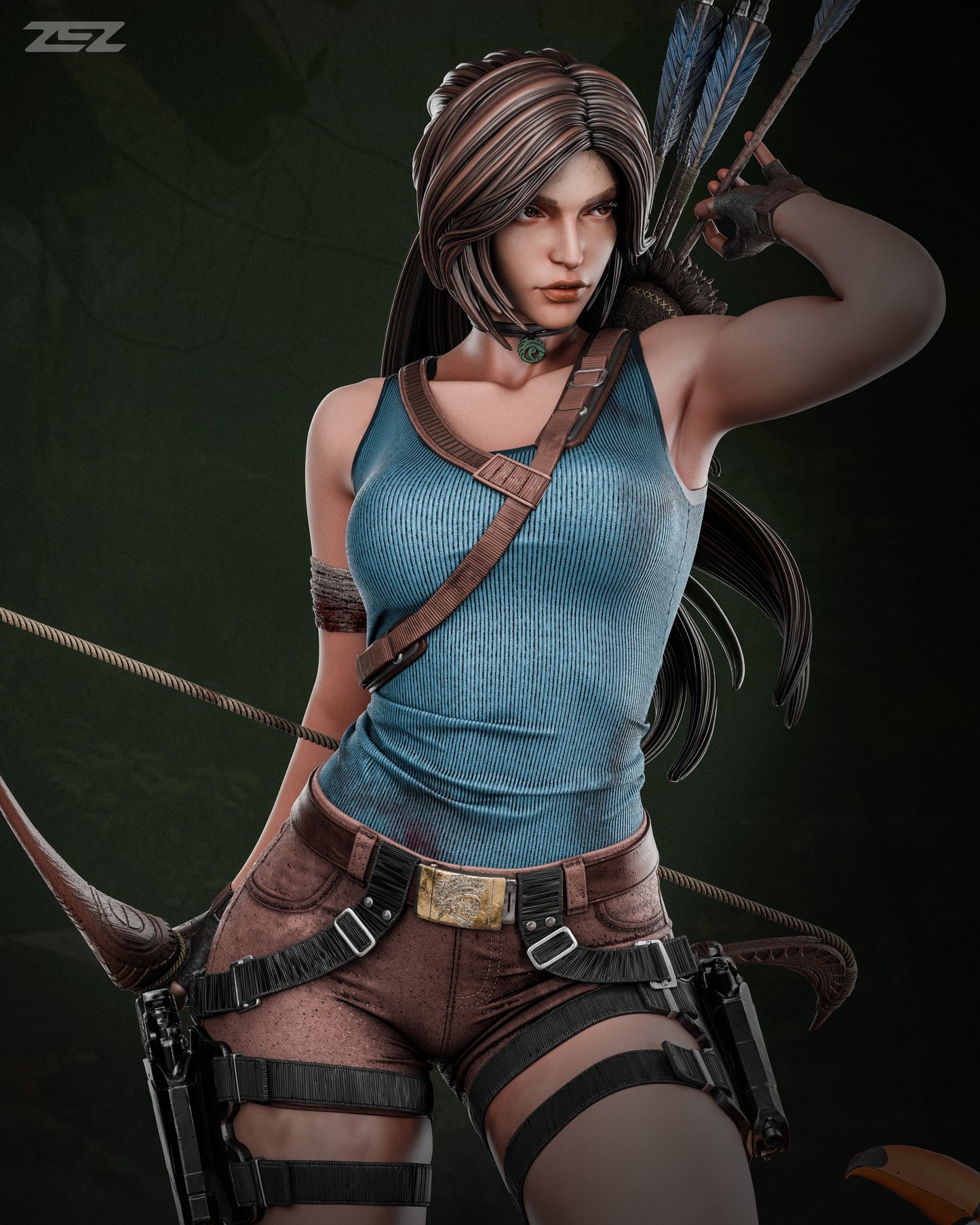 Another close-up of Lara Croft's face as she prepares to shoot, capturing her intense gaze and facial details.
