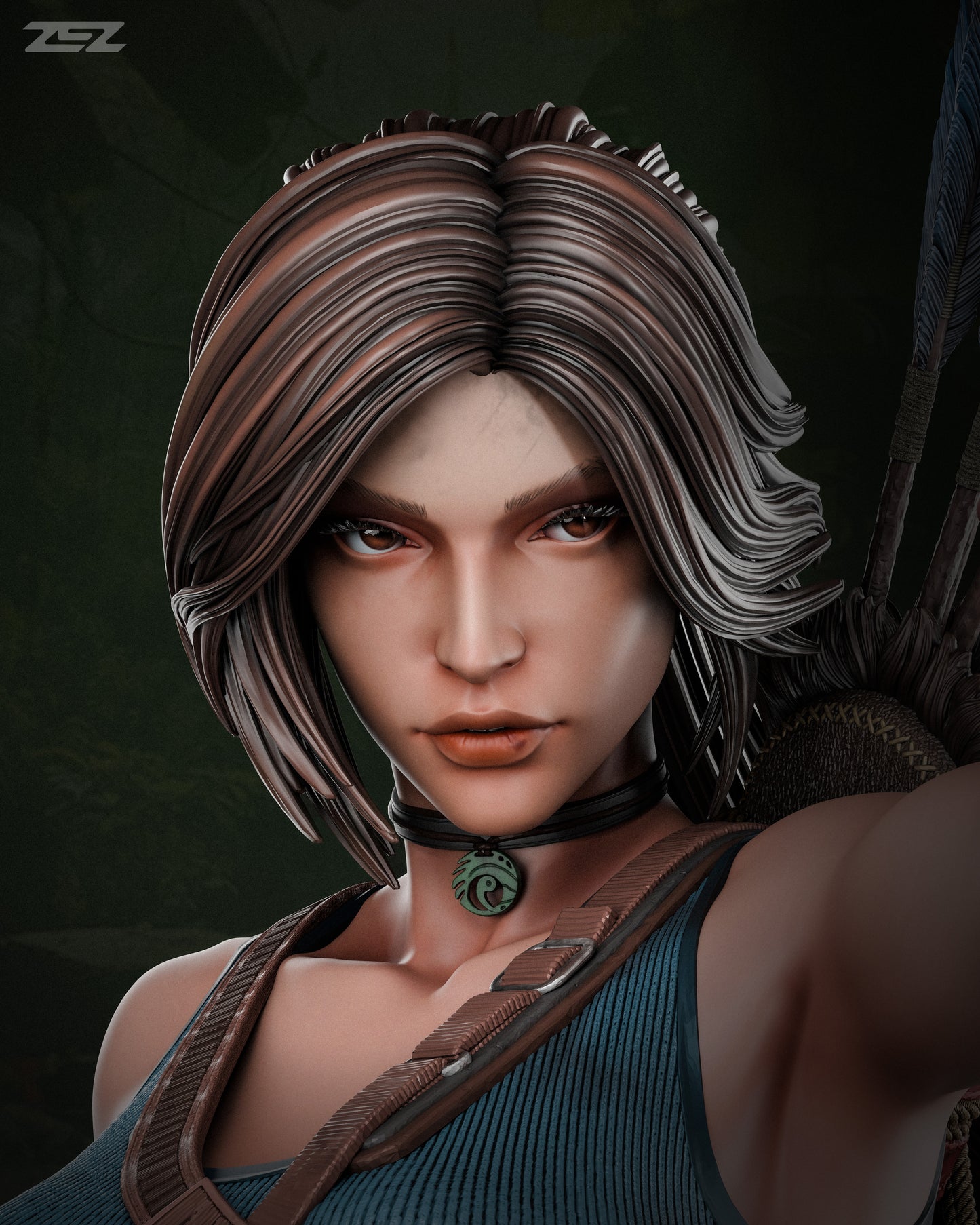 Face close-up of Lara Croft, capturing the intricate detailing of her eyes, hair, and facial expression.