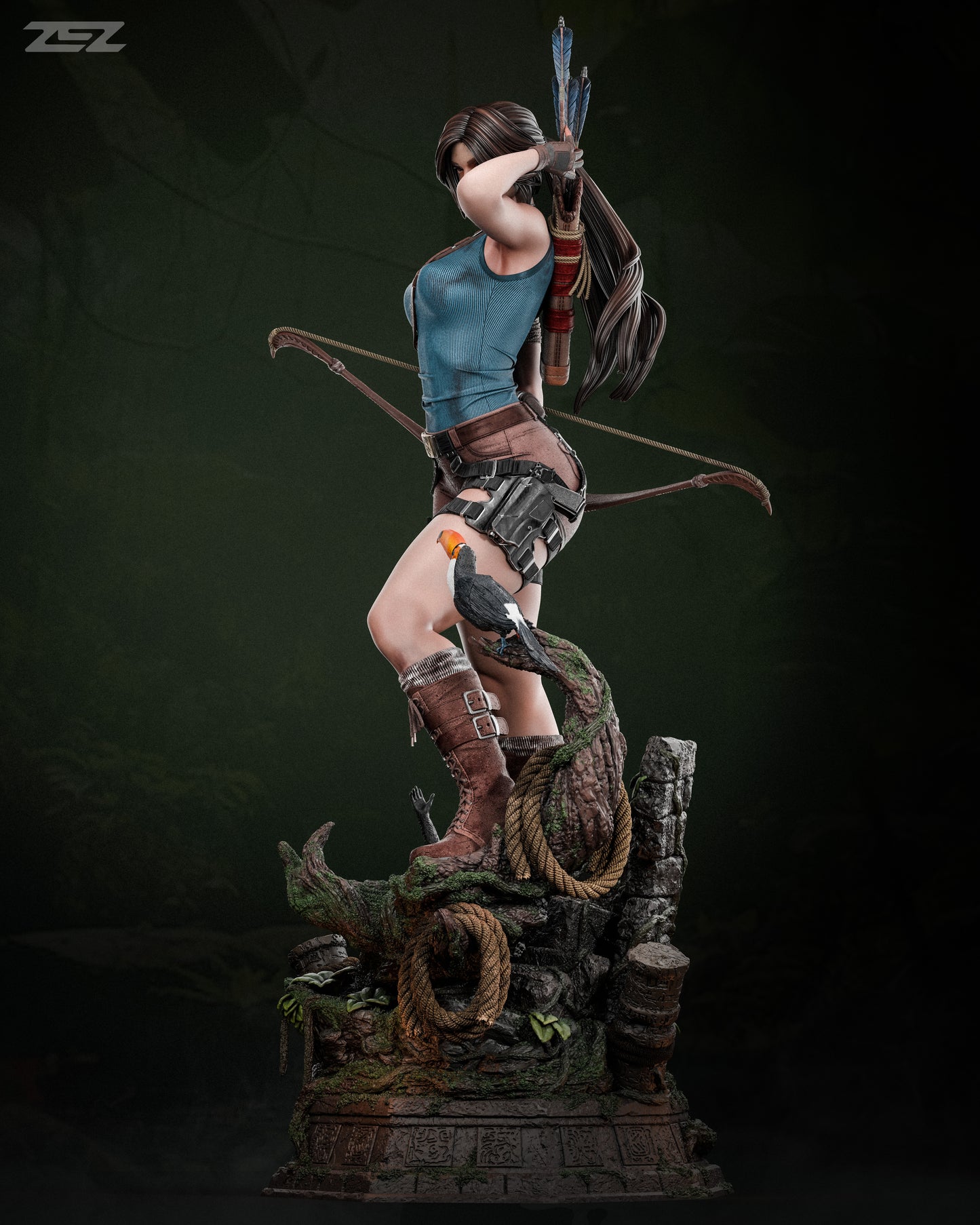 Side view of a 3D-printed female adventurer figurine poised with a drawn bow, standing on a jungle-themed base with lush vines, ropes, and tropical birds.