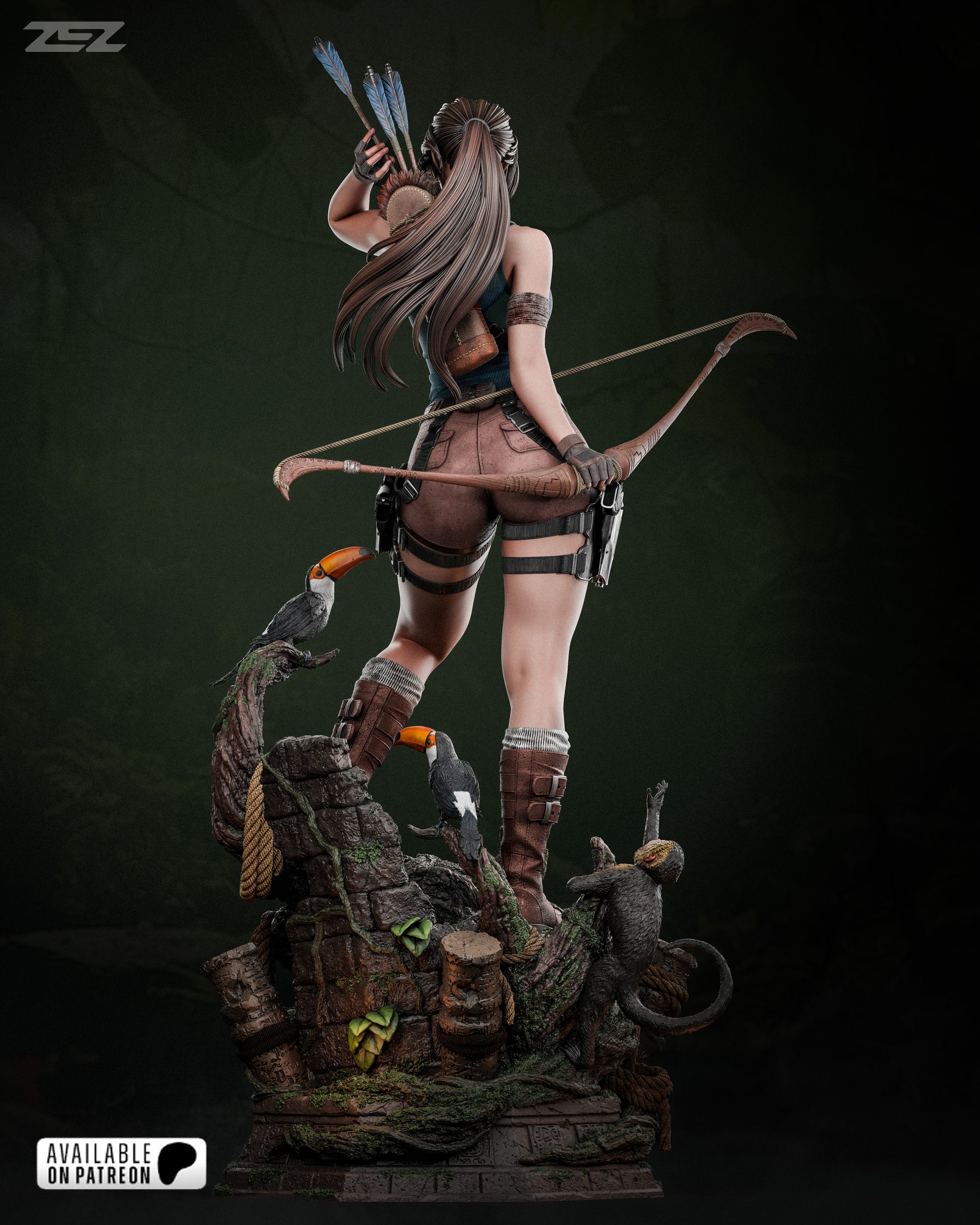 Back view of a female adventurer 3D model, showcasing the intricate bow, quiver, and detailed jungle environment with birds and plants.