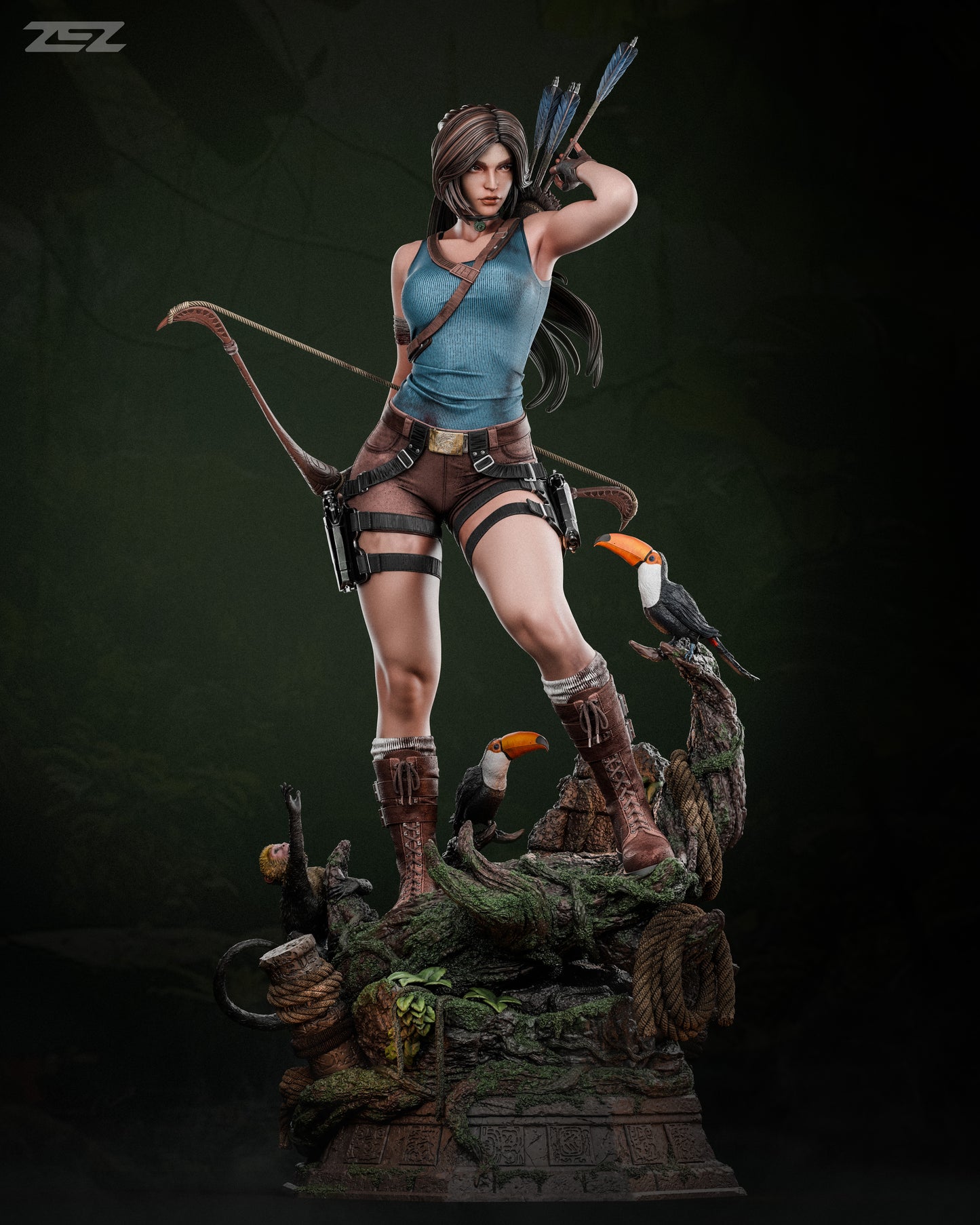 Highly detailed 3D model of a female adventurer with a bow drawn, standing on a jungle-themed base with tropical birds and a monkey.
