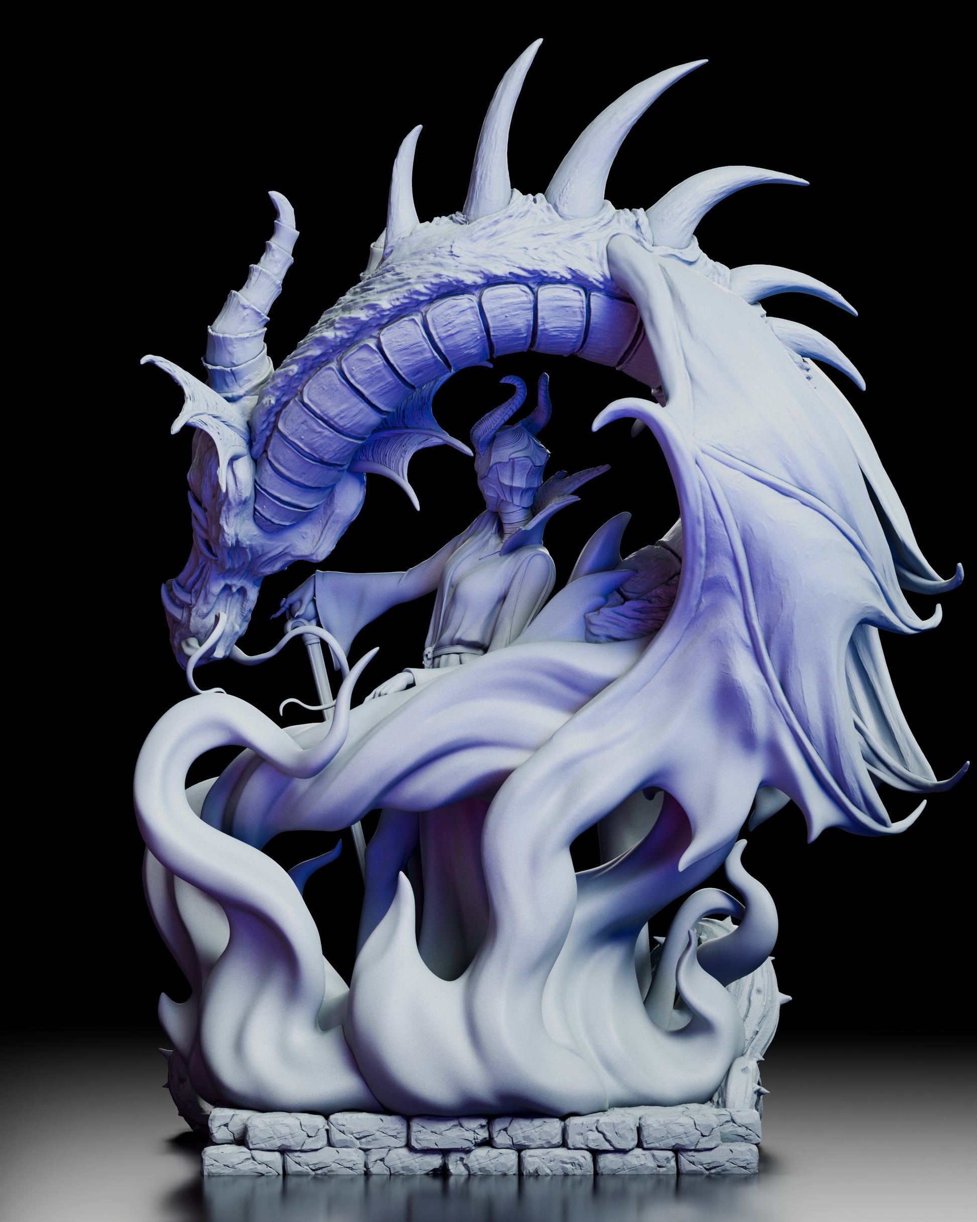 Rear view showing dragon wings, curling flames, and flowing robe sculpt