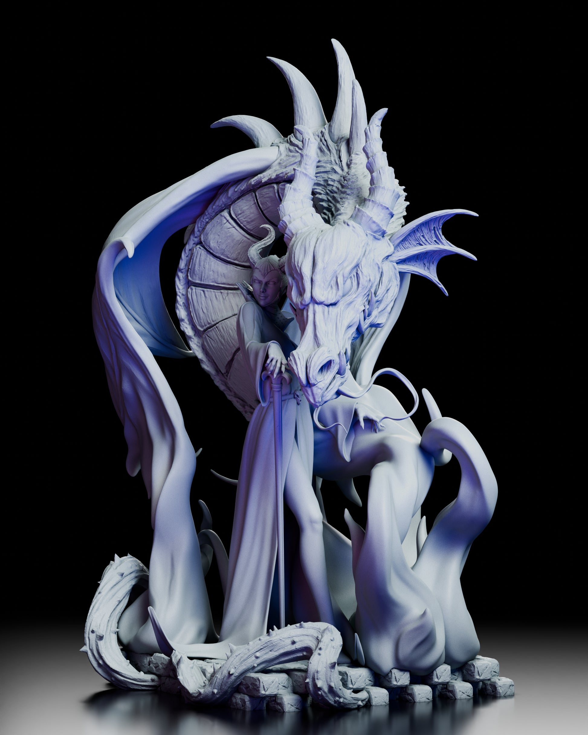 Left side view emphasizing dragon’s scales, horns, and base stonework  