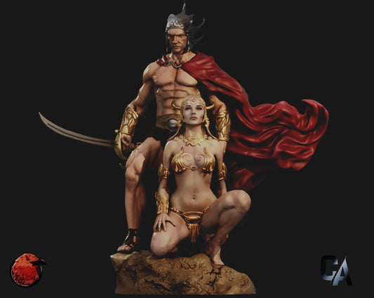 Color rendering of a sculpture featuring the Martian warrior Tan Hadron and princess Sanoma Tora.