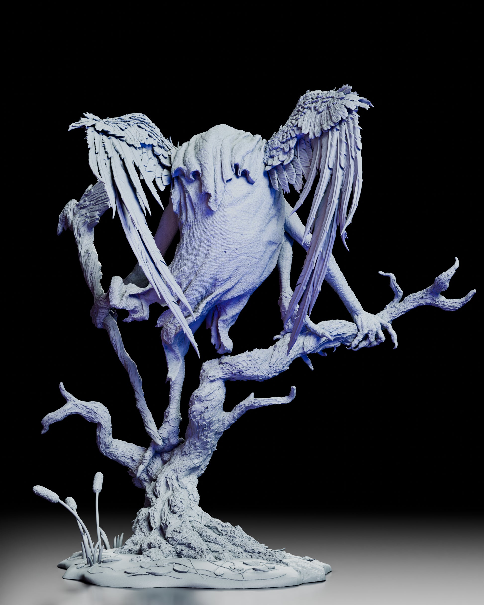 Rear view of Matinta Pereira figure kit revealing detailed feather textures and flowing cloak