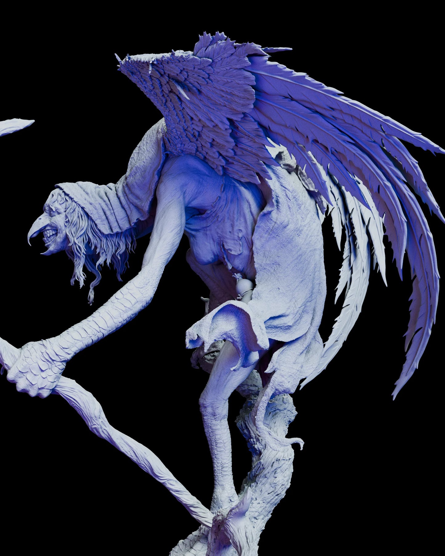 Profile close-up of Matinta Pereira figure showing expressive face and birdlike features