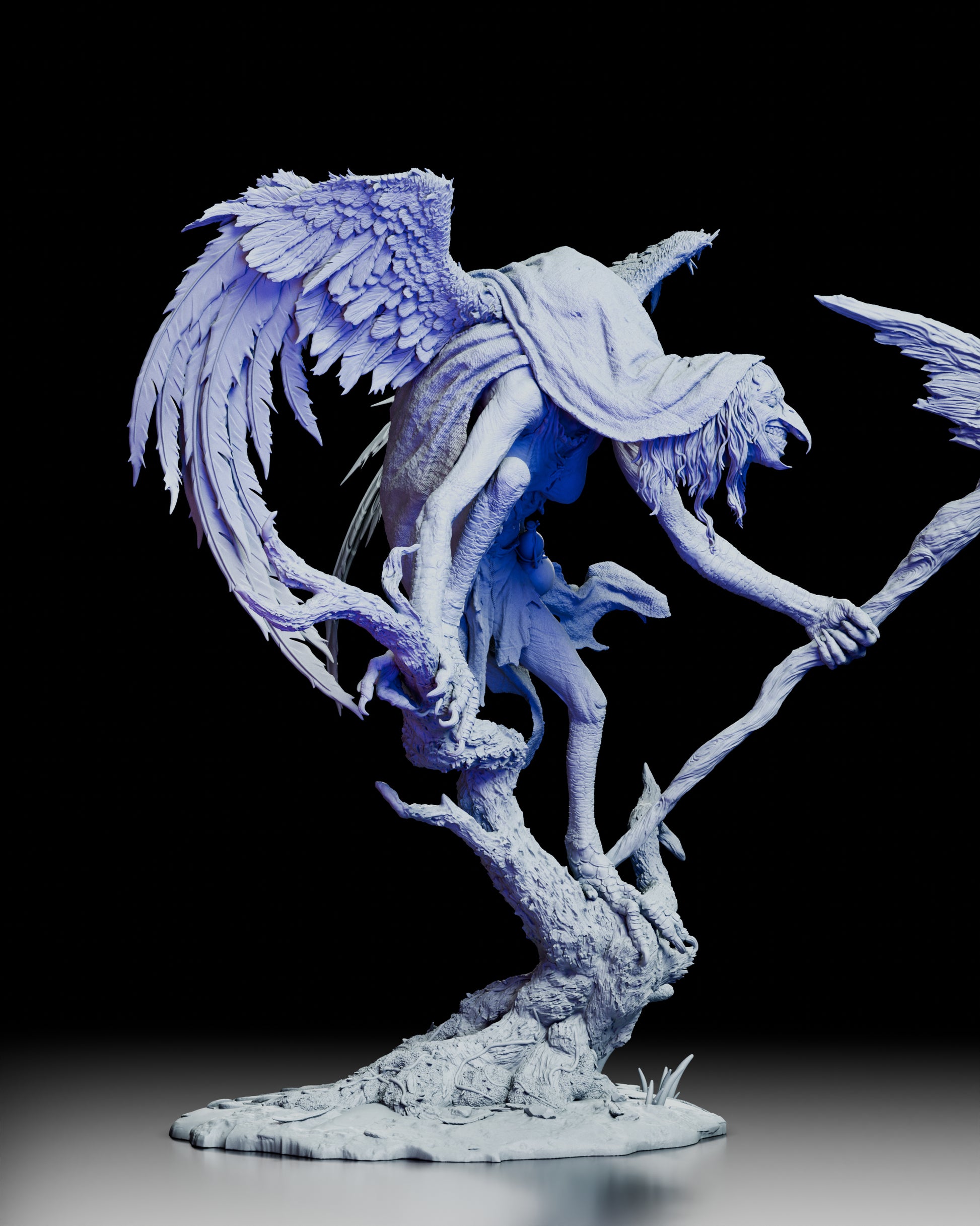 Right side of Matinta Pereira sculpture emphasizing the dynamic pose and curved branch