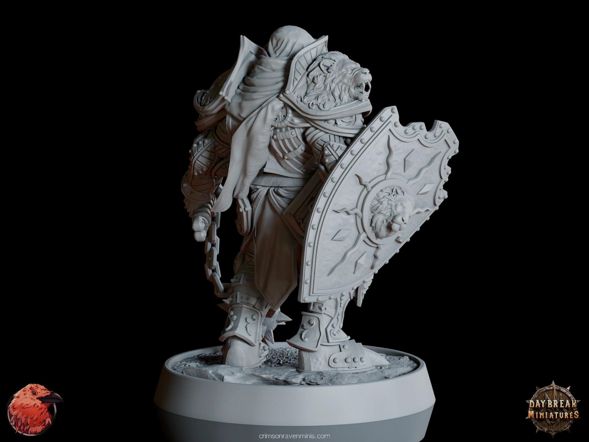 Back view of the Mattias du Lion Tuant miniature showcasing his heavy armor and flowing cloak.