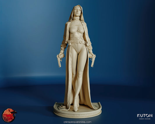 Front view of Nun with a Gun resin figure by KUTON Figurines & Miniatures, featuring a nun in a stylized outfit holding pistols.