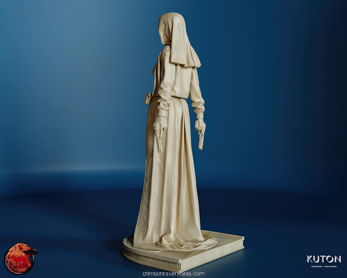 Side view of Nun with a Gun resin figure by KUTON Figurines & Miniatures, showing the flowing habit and dual pistols.