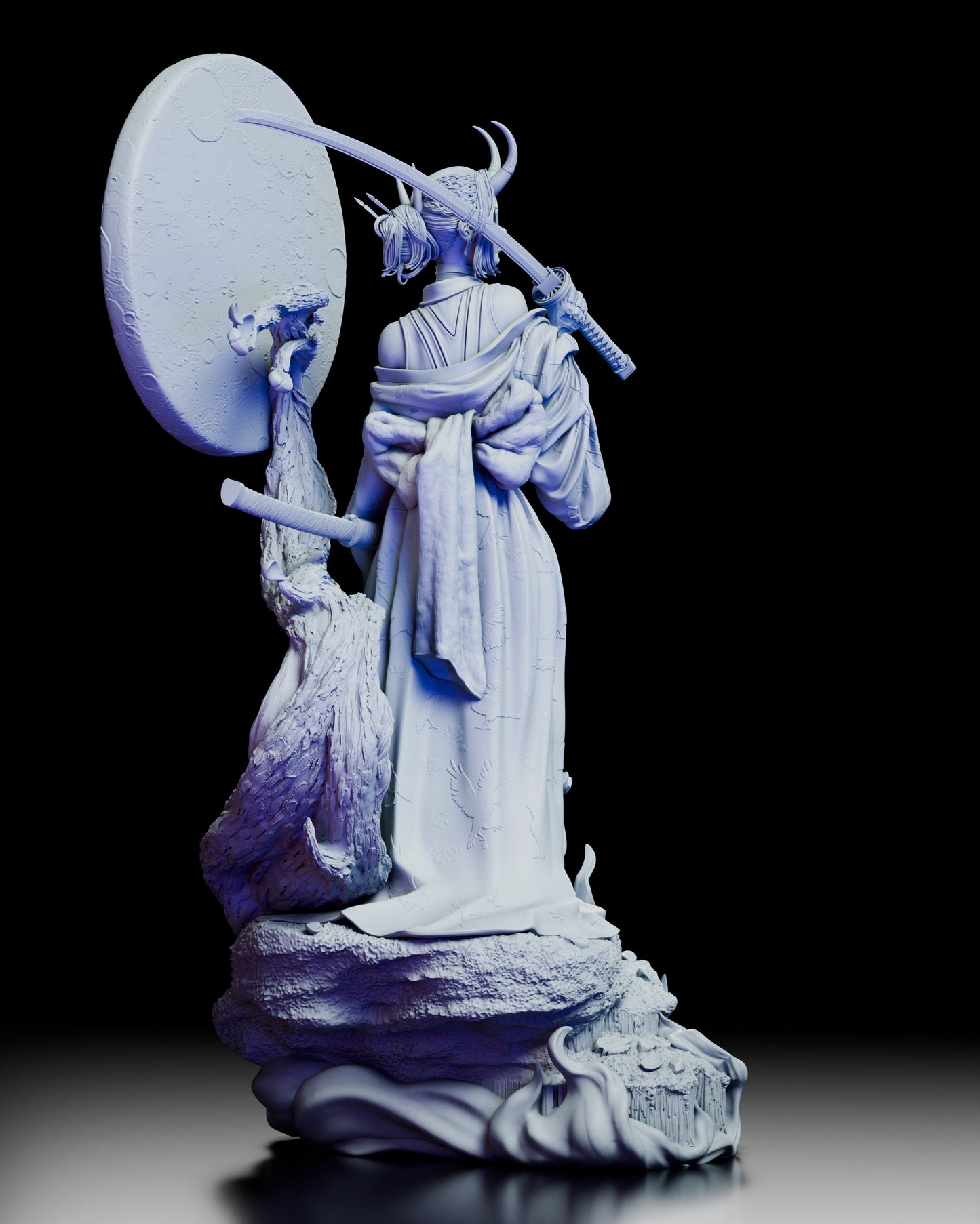 Rear view displaying the sculpted details of the robe and swirling tail-like element