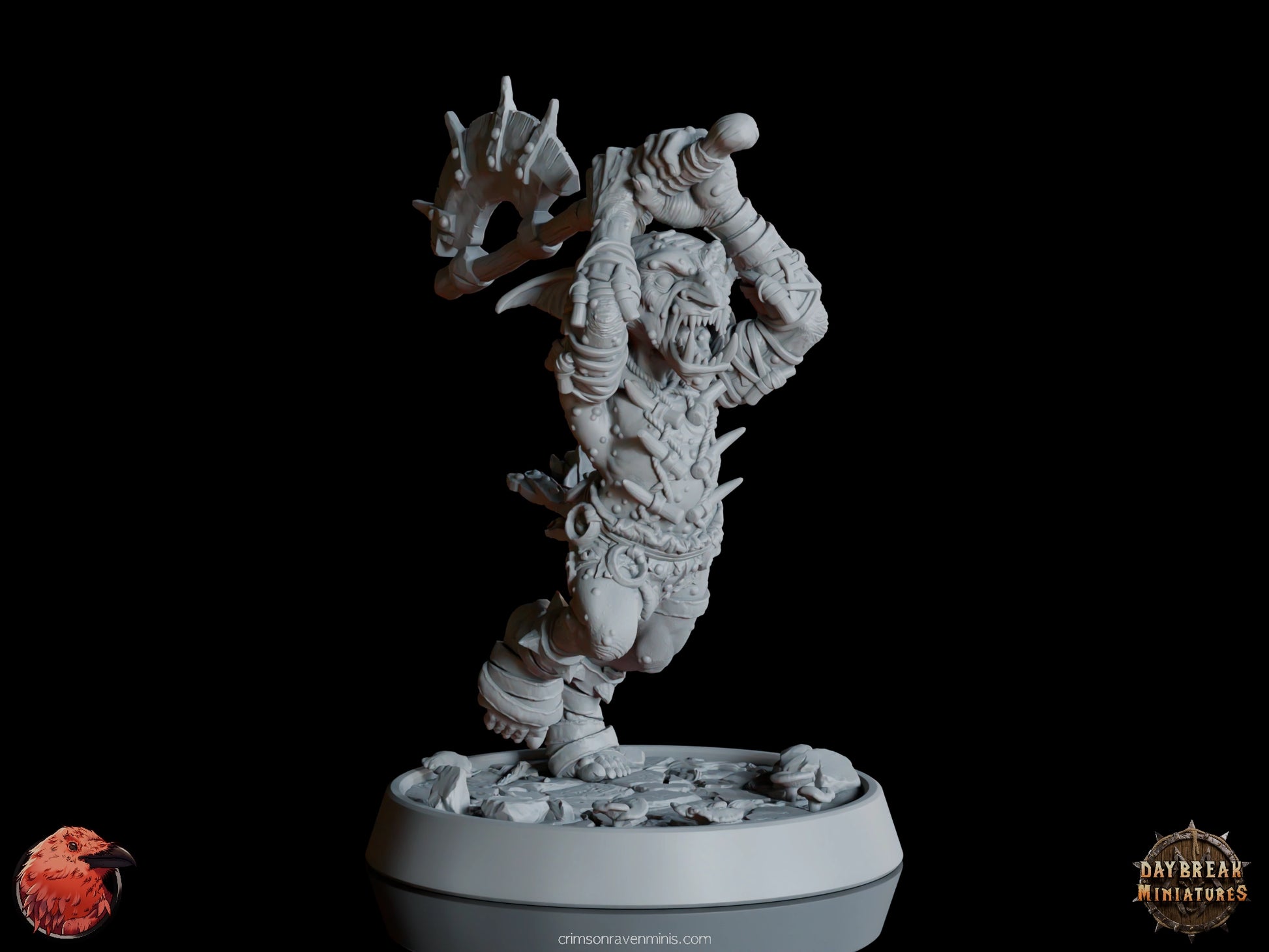 Orleg da Traedzle goblin warrior leaping with a spiked club, front view  