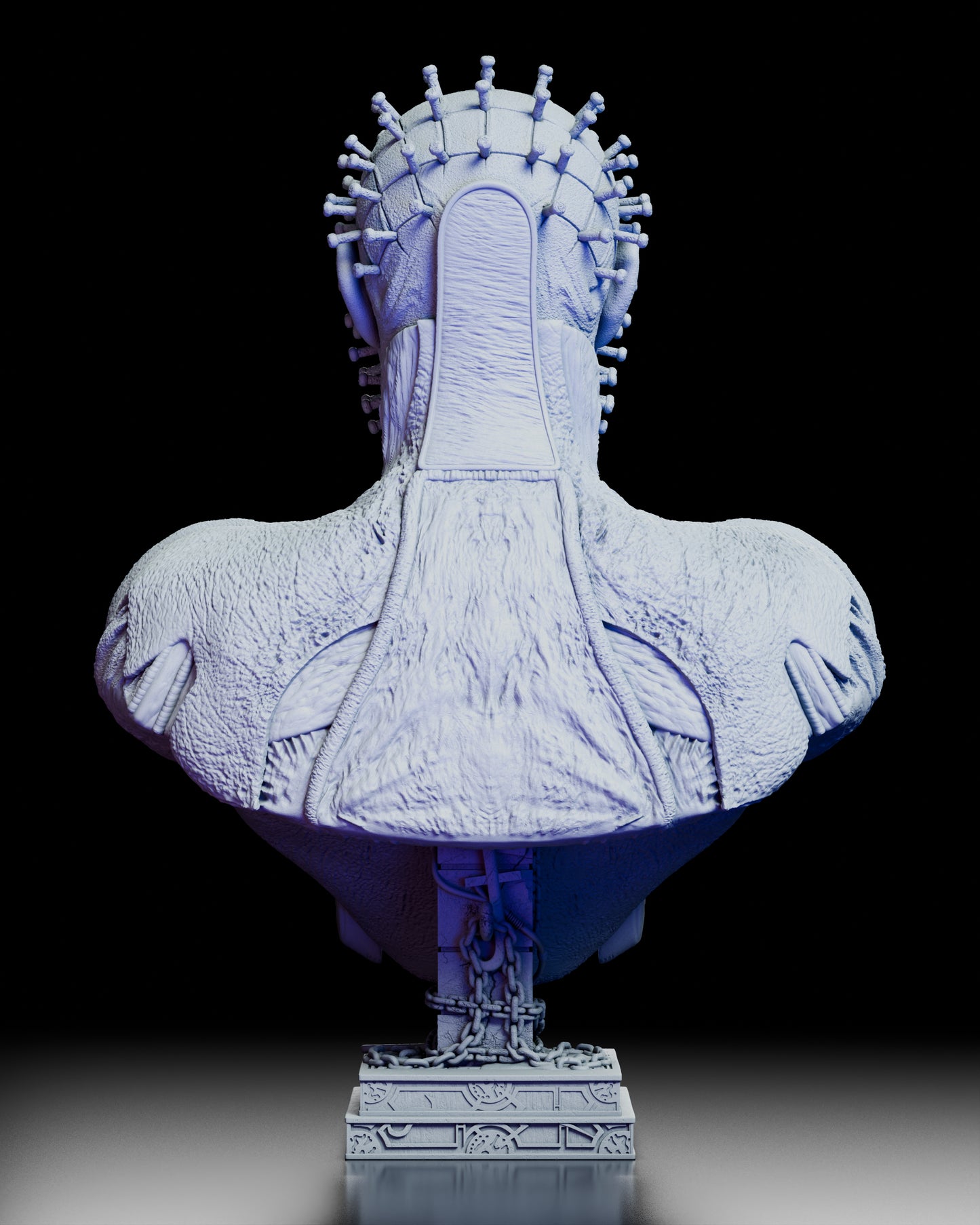 Back view of The Hell Priest portrait bust showing the sculpted pins, textured flesh, and chained pedestal.
