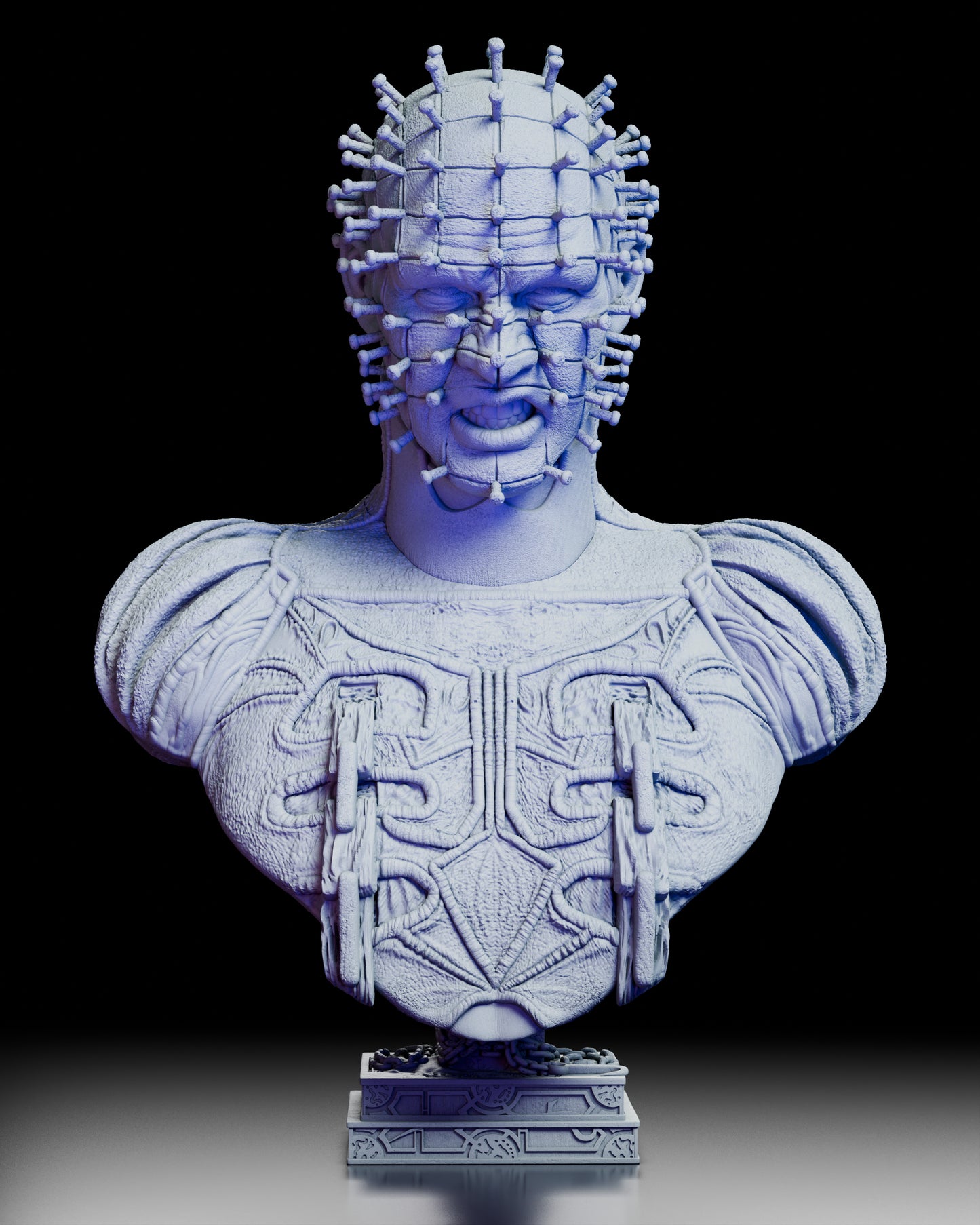 Front view of The Hell Priest portrait bust displaying the grid of embedded pins, facial expression, and detailed chest patterns.

