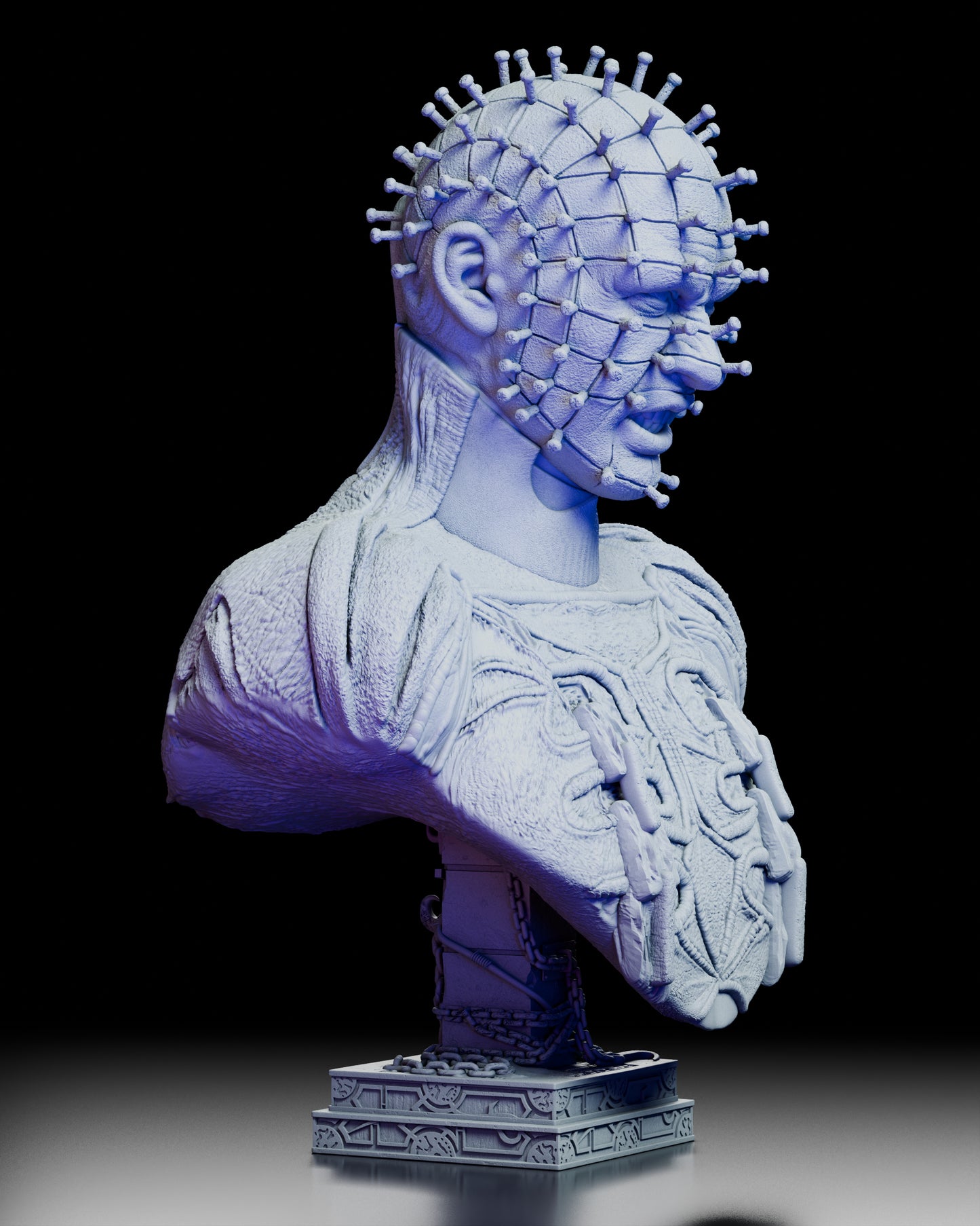 Right side view of The Hell Priest portrait bust showing the intricate wound grid, textured garments, and sculpted pedestal.
