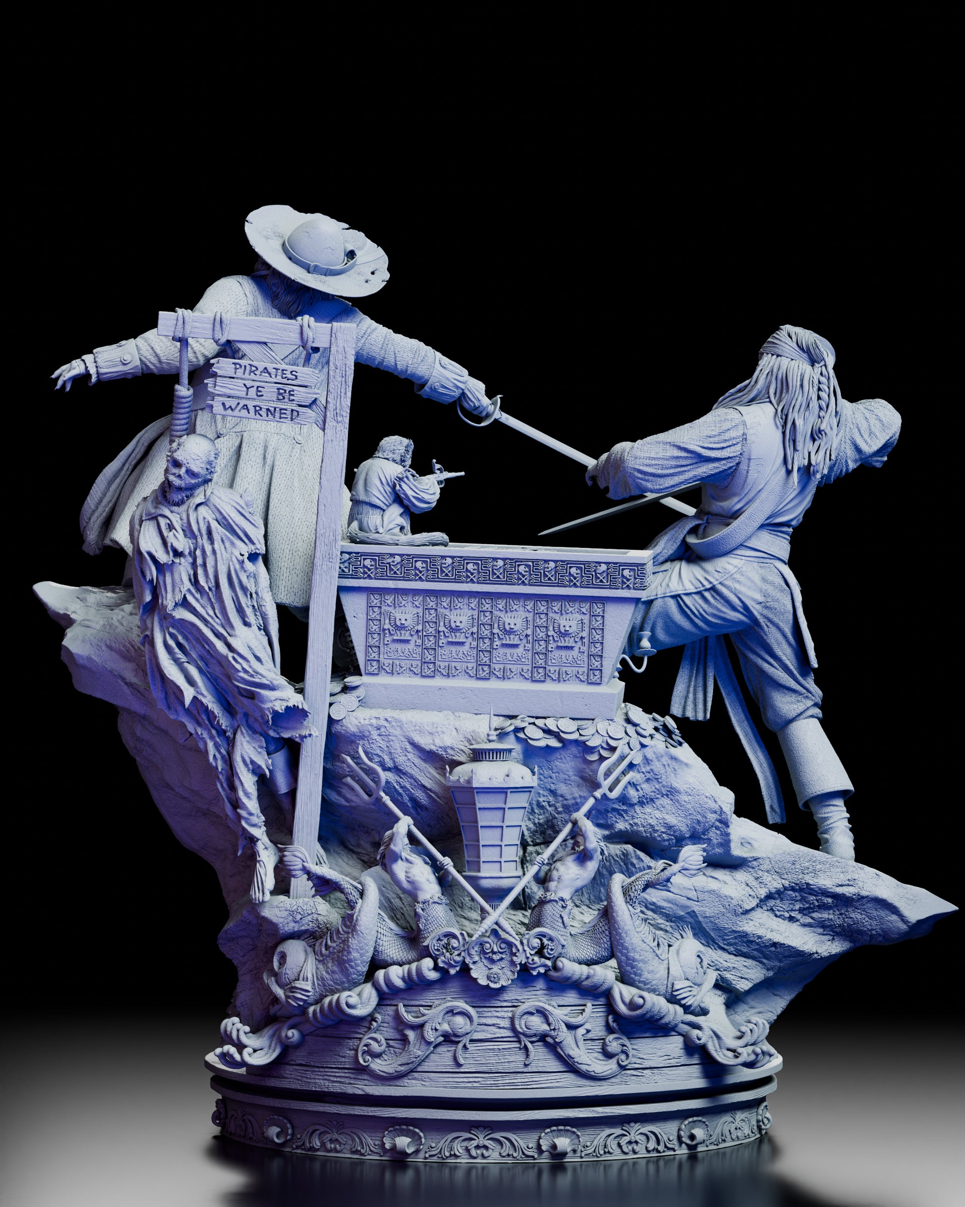 Rear view of the Pirates of the Caribbean diorama revealing detailed sculpting on the clothing, base carvings, and Little Jack in the background
