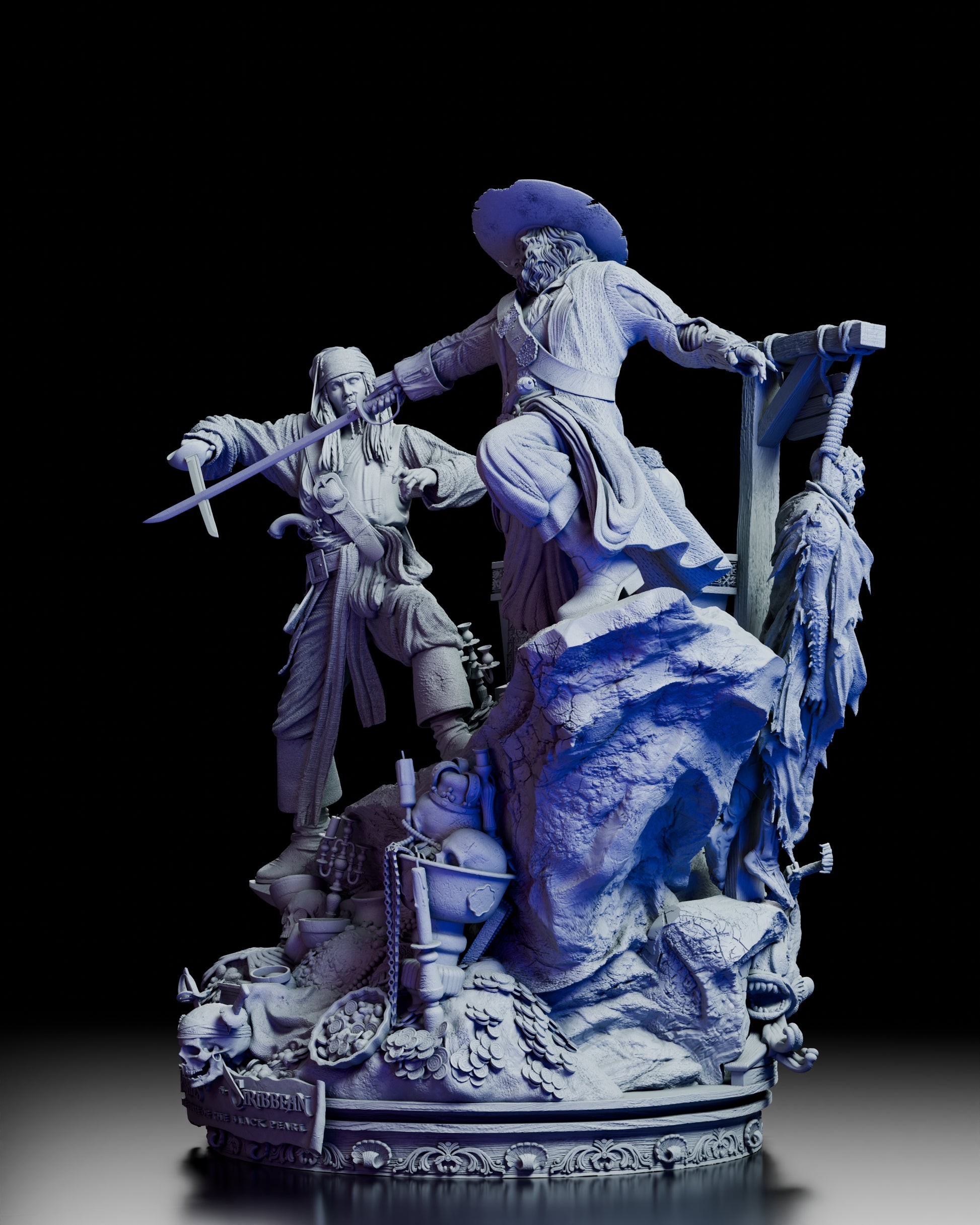 Left side view of the diorama highlighting dynamic swordplay between Jack Sparrow and Barbosa with detailed pirate relics and treasure