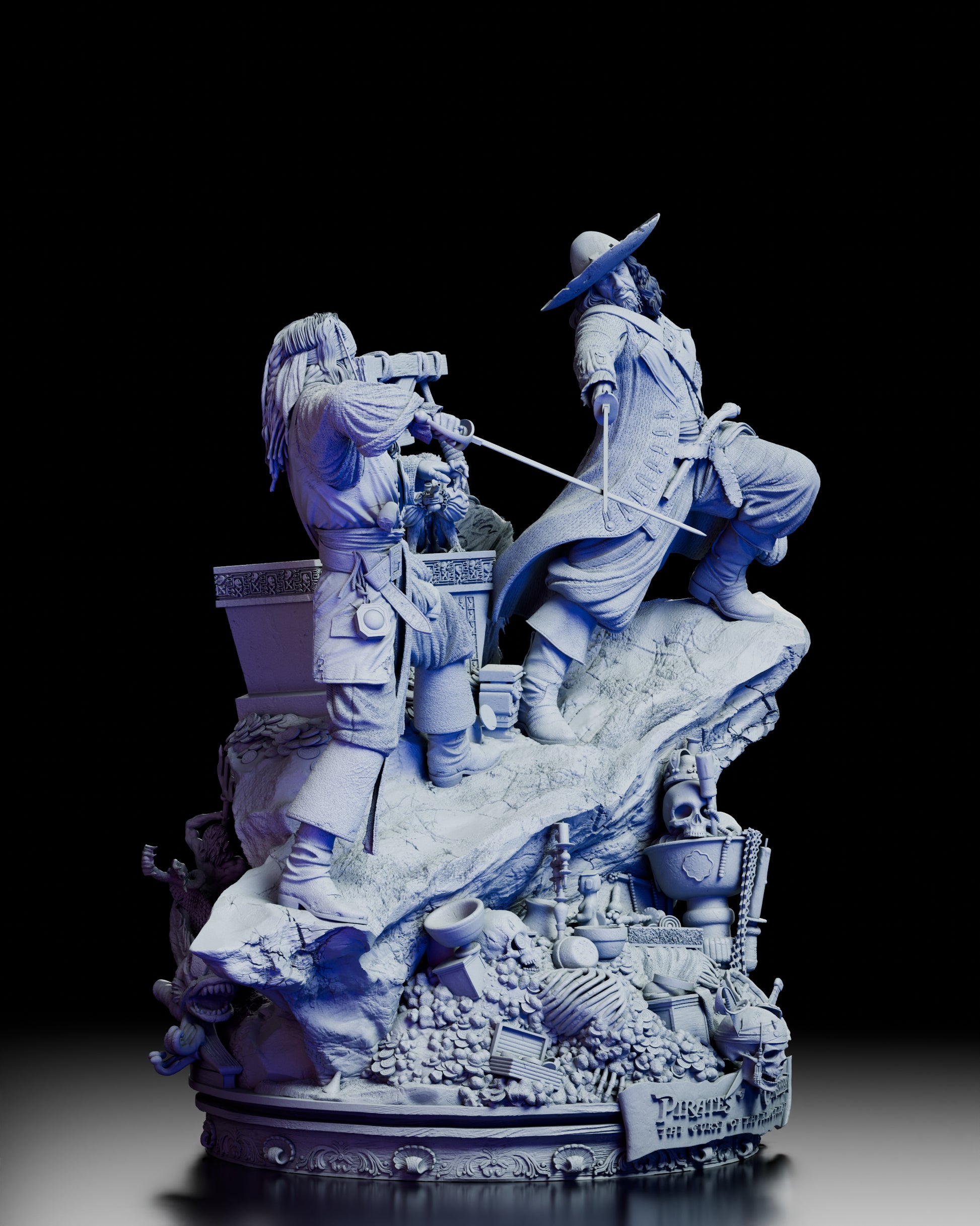 Right side angle of the Pirates of the Caribbean diorama showing intricate base details and character positioning
