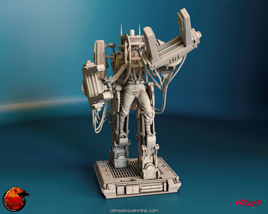 Front view of the detailed 3D printed model of Ripley in a Power Loader from the movie Aliens, emphasizing the powerful stance and mechanical structure.