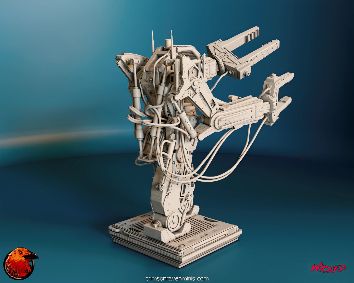 Detailed 3D printed model of Ripley in a Power Loader from the movie Aliens, highlighting the back view with extensive mechanical detailing and cables.