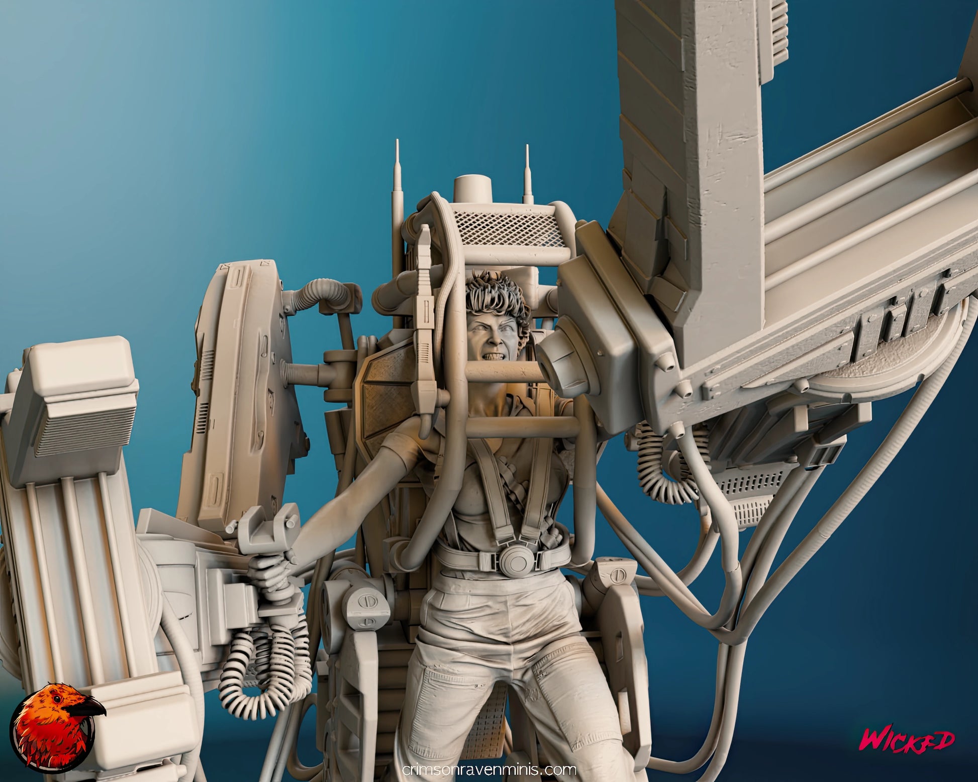 Close-up view of the detailed 3D printed model of Ripley in a Power Loader from the movie Aliens, capturing Ripley's determined expression and the fine details of the power suit.