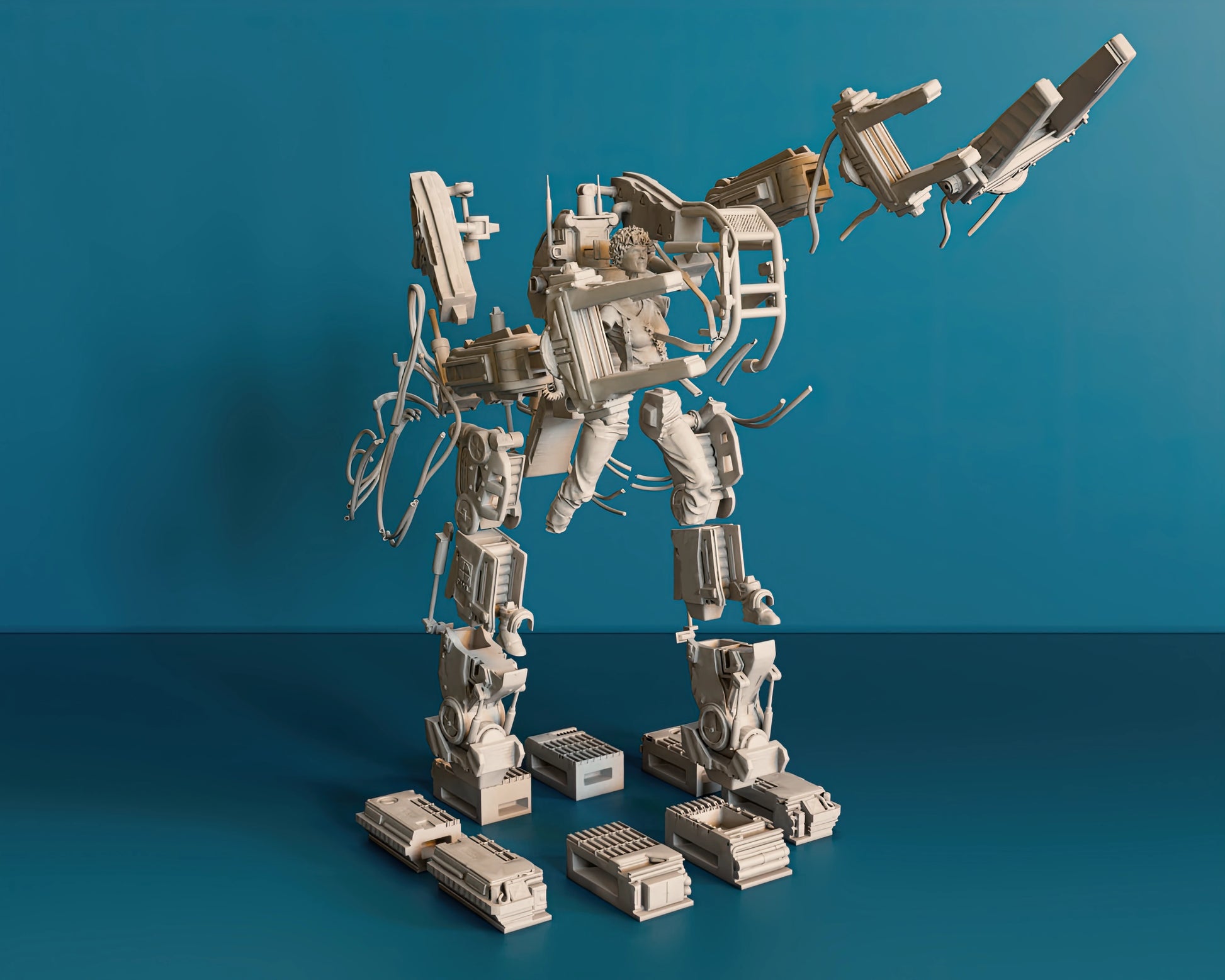 - Exploded view of the detailed 3D printed model of Ripley in a Power Loader from the movie Aliens, displaying the individual parts and components of the mechanical exosuit. This view highlights the intricate design and assembly required for the model, showcasing the complexity and craftsmanship of each piece.