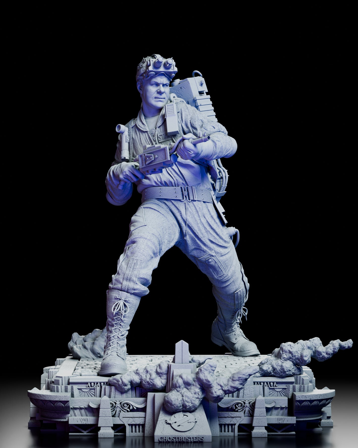 Front view of Ray Stantz figure kit aiming his proton blaster on the detailed temple base